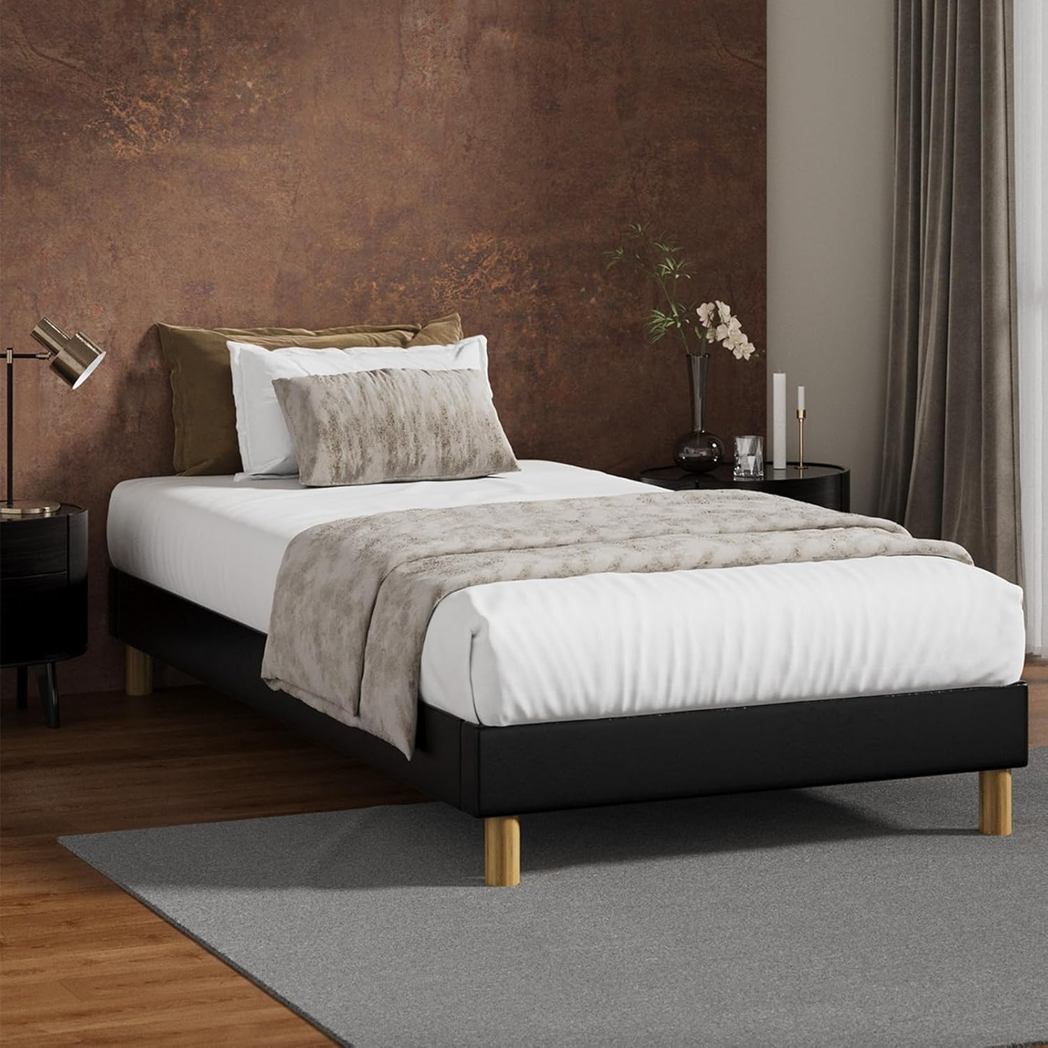 Oikiture King Single Bed with Leather Upholstery King Single Bed Frame Platfrom Foundation for Mattress Topper Black image number 3