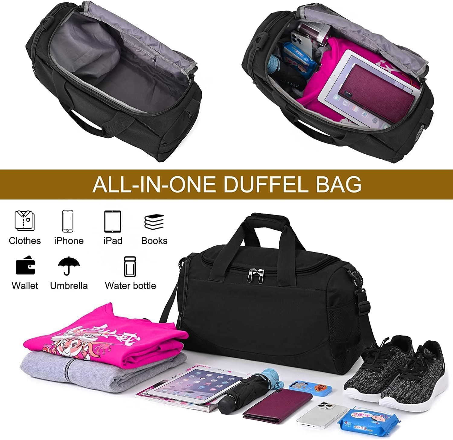 FALAZAR Sport Duffle Bag for Men Women 40L Waterproof Travel Duffel Bag with Shoes Compartment Lightweight Gym Bag with Wet Pocket Weekender Overnight Bags,Black image number 1