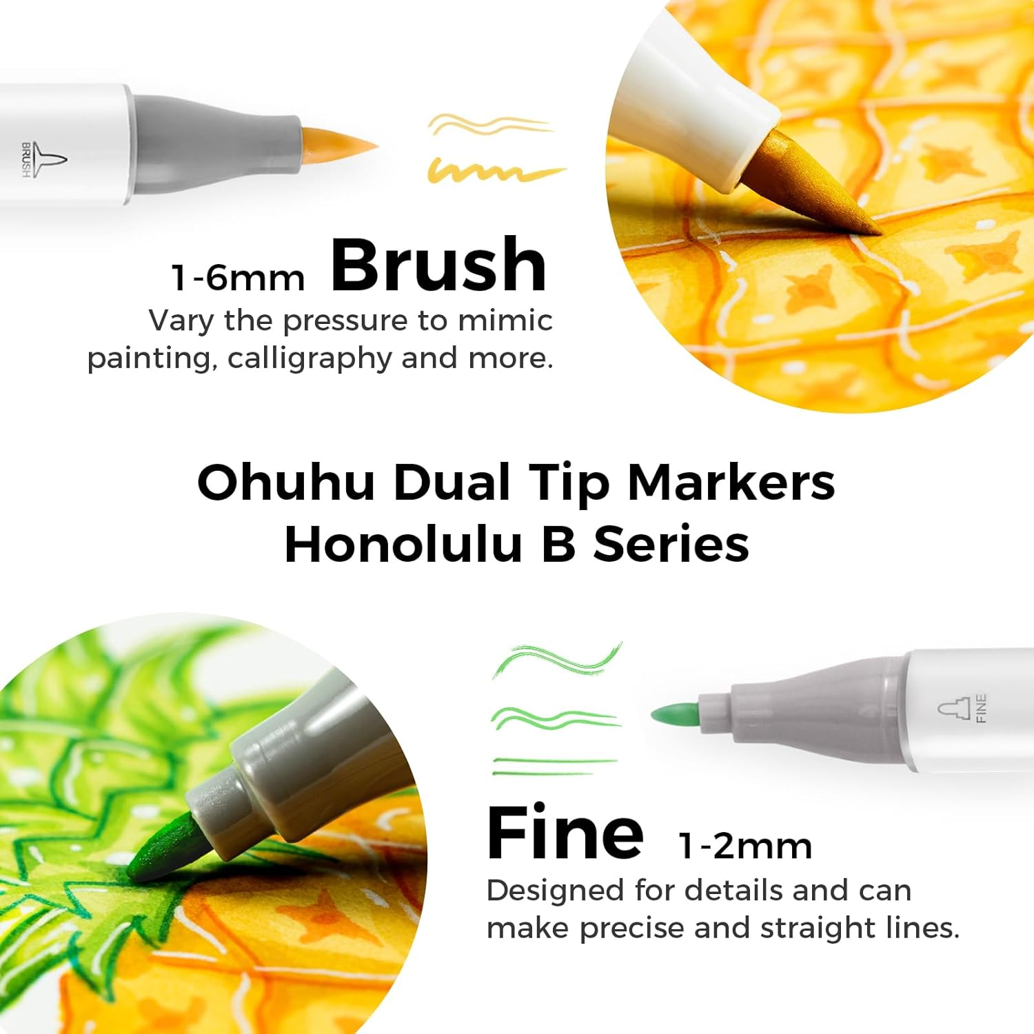 Ohuhu Alcohol Based Brush Markers -Double Tipped Art Marker Set for Artists Adults Coloring Sketch Illustration - Brush & Fine Dual Tips - 216 Colors - Honolulu B of Ohuhu Markers image number 6