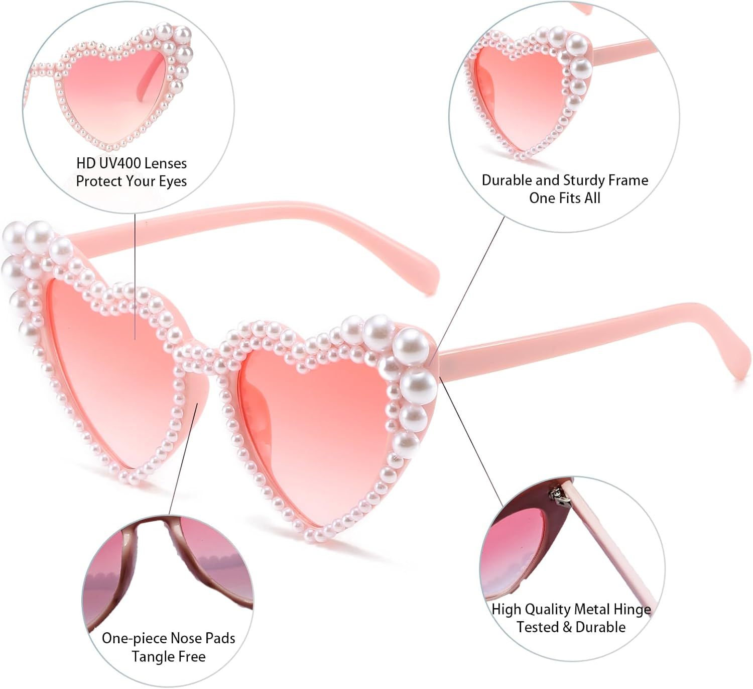 Hanj Love Heart Pearl Sunglasses for Women Rhinestone Glasses Bachelorette Party Bride Sunglasses