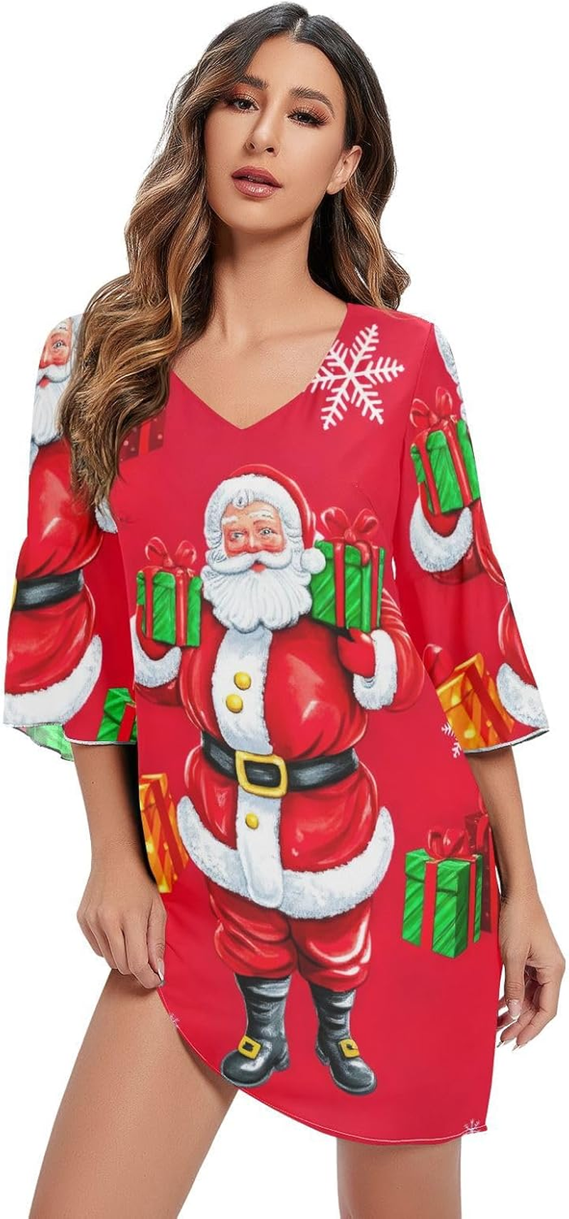 Cute Santa Claus Red Short Summer Dress Printed Line Maternity Dress S-XXL image number 1