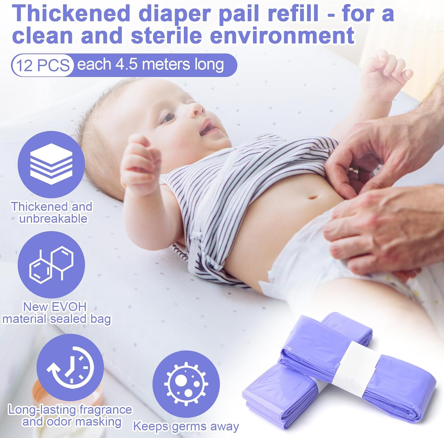 12 Pack Diaper Disposal Refills for Nappy Bin Refills，4.5M Environmentally Friendly Diaper Bin Refills Nappy Disposal Bags, Compatible Diaper Pail Refill Bags image number 5