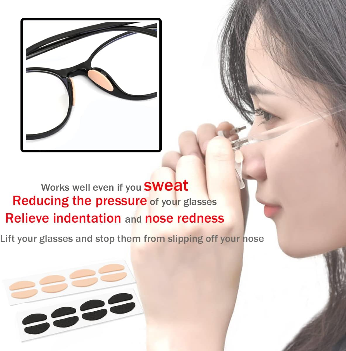 Eyeglass Nose Pads, Soft Non-Slip Foam Nose Pads Self Adhesive for Sunglasses,Plastic Frames Glasses,Glasses,D-Shape,20 Pairs(Black) - Skin Color image number 6