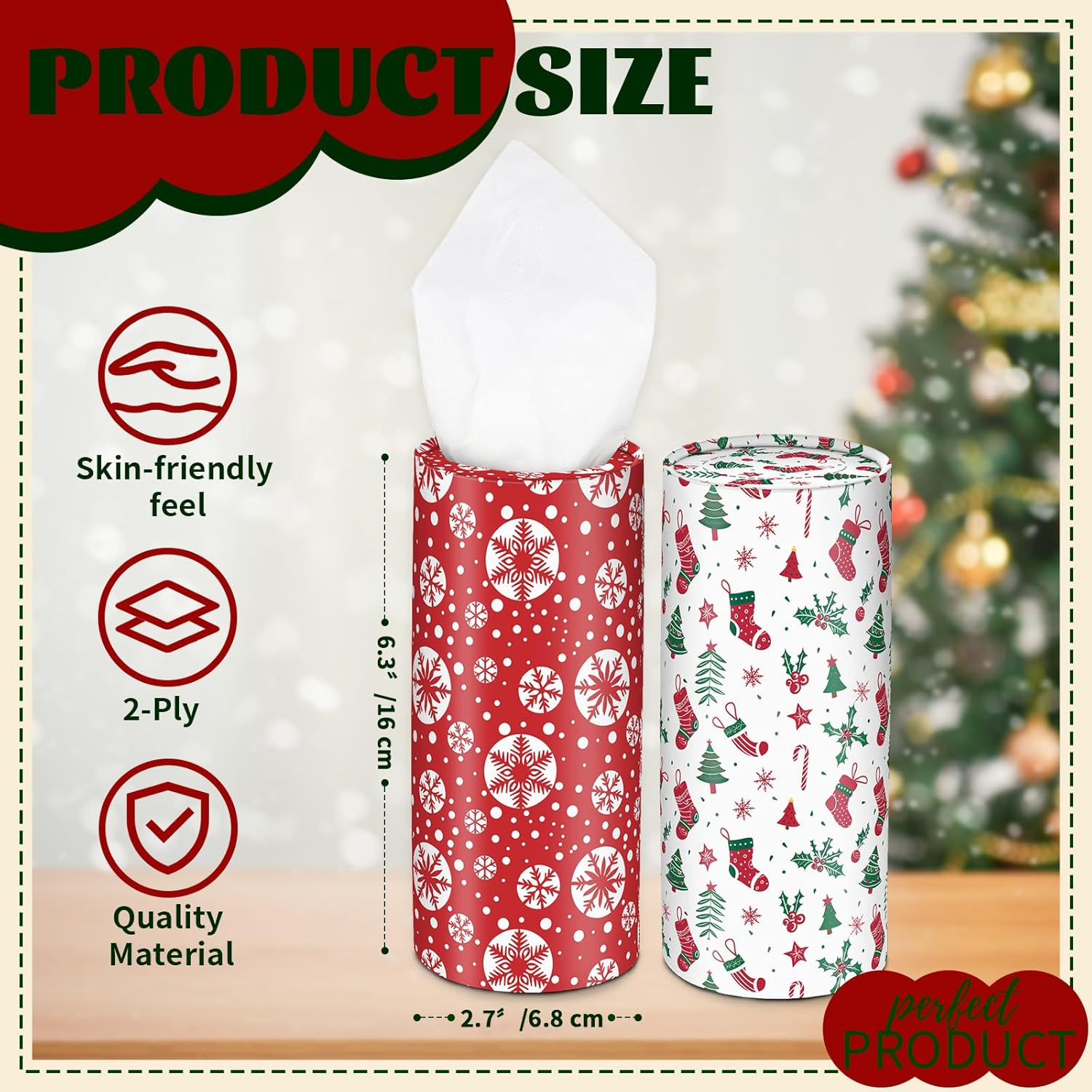 Christmas round Car Tissue Holder - Festive Bulk Facial Tissues, Holiday Decor for Cup Holders - Set of 4 Decorative Cylinders (Snowflakes, Ho Ho Ho, Candy Cane Stripes, Holiday Icons) image number 6
