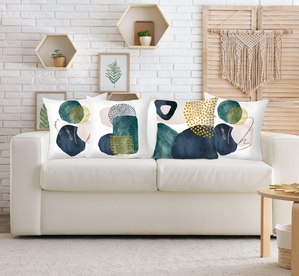 Jartinle Boho Abstract Pillow Covers 18X18 Set of 4 Mid Century Modern Throw Pillow Covers Geometric Pillow Covers for Outdoor Couch Sofa Minimalist Home Decor,Emerald Green Navy, (G400)