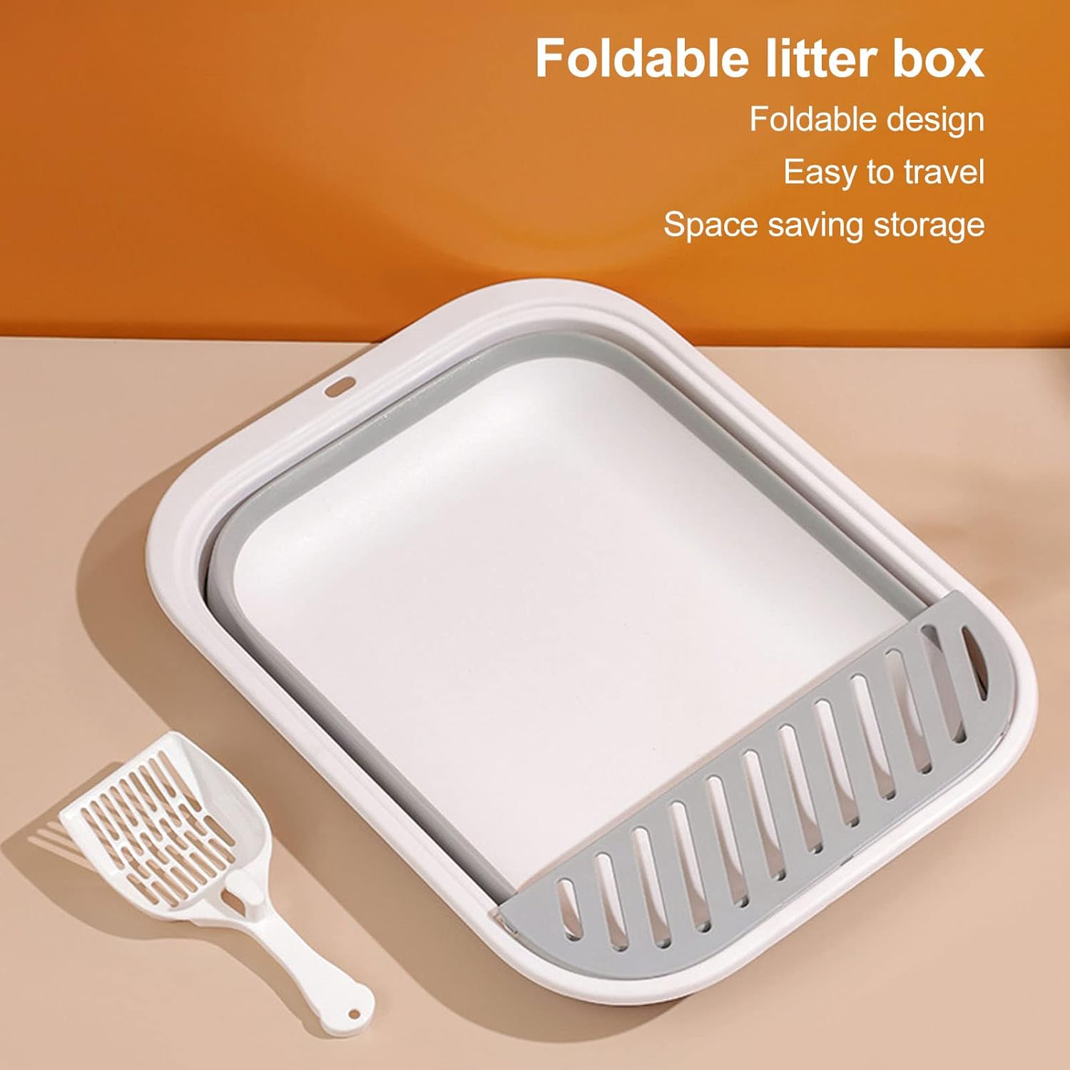 Cat Litter Box, Semi Enclosed Easy Cleaning Splash Proof Foldable Kitten Toilet, Waterproof Cat Travel Litterbox Cats Litter Pan with Litter Sifting Scoop for Indoor Cats Kittens Small Pets(Grey) - Pink image number 4