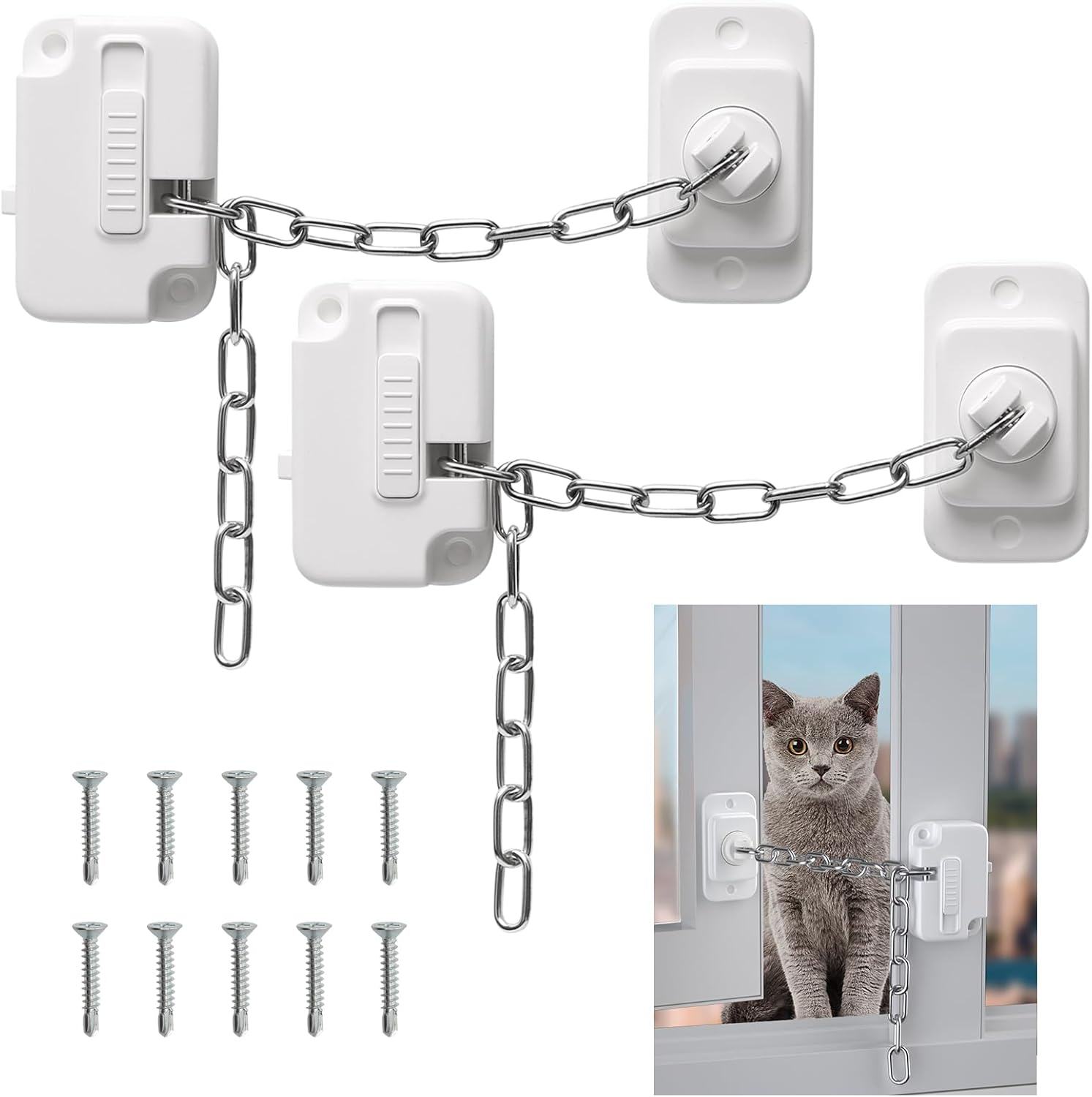 2Pcs Window Safety Restrictors with Screws, Window Restrictor Locks for Child Pets Safety, Adjustable Window Lock for Door, Sliding Window, Fridge, Cabinets, Drawers image number 1