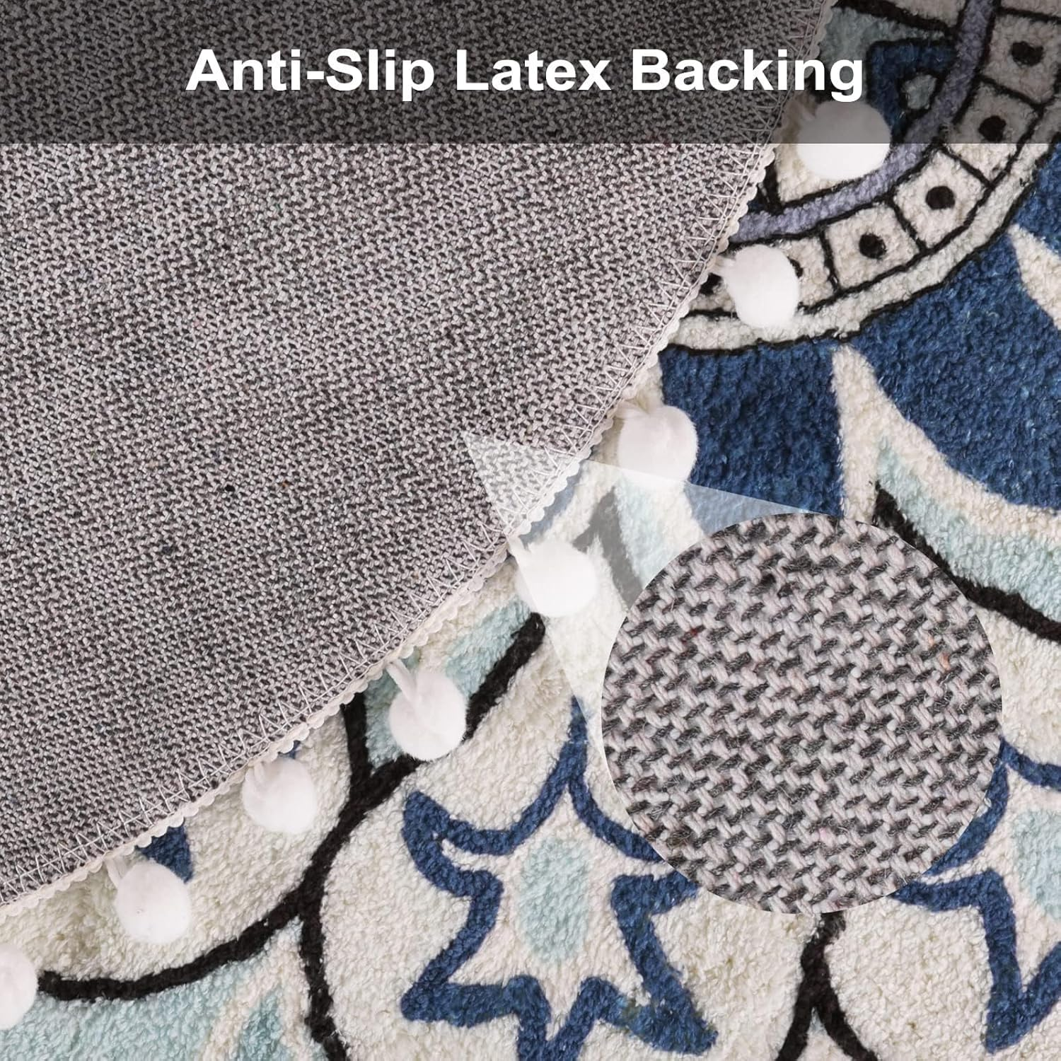 Uphome round Rug 5.3Ft Blue Circle Boho Rug with Pom Pom Fringe Machine Washable Non-Slip Sofa Floor Mat Soft Cute Blooming Mandala Carpet for Living Room Bedroom Kid'S Room Nursery image number 6