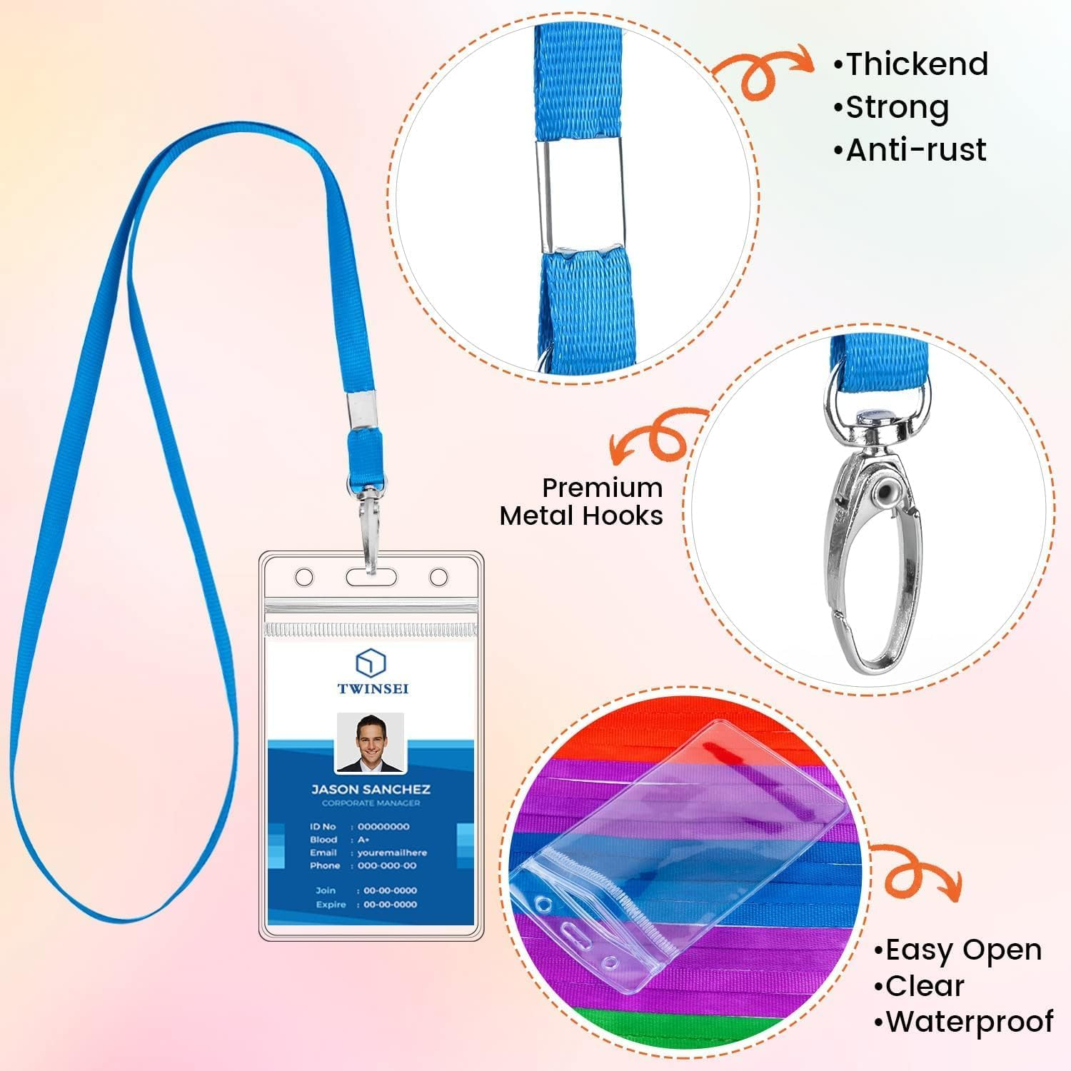 24 Sets Plastic ID Badge Holder with Lanyard, PVC Card Holder with Color Lanyard, Lanyards for ID Badges with Holder image number 1