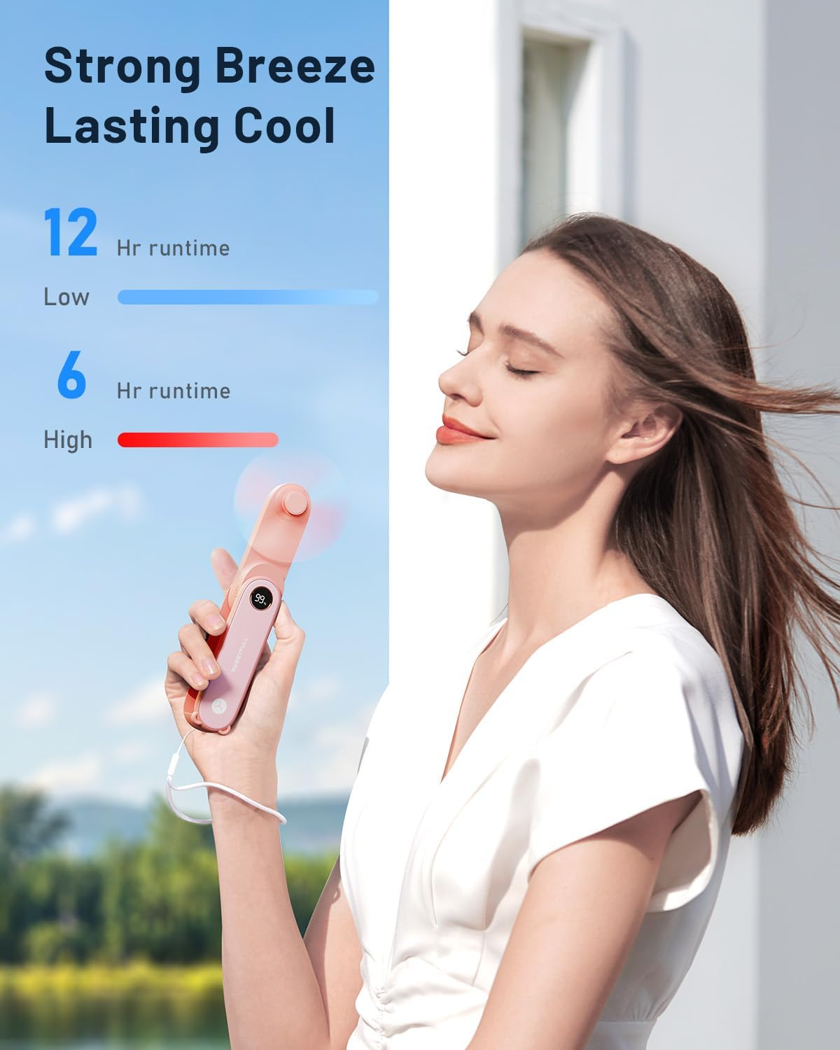 SWEETFULL Portable Handheld Mini Fan Rechargeable, 3-IN-1 Foldable Personal Fan with LED Display & Flashlight for Travel Home, Quiet Small Pocket Fan for Women Girls, Cute Summer Gifts, Pink - Pink image number 5