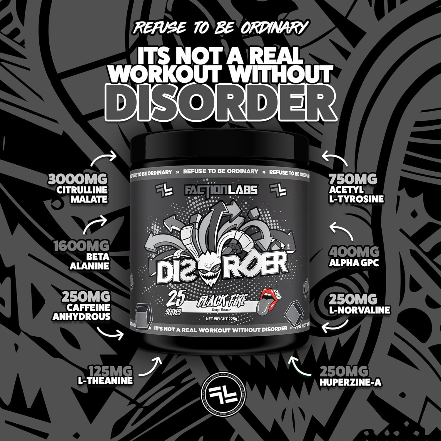 Faction Labs Disorder Original Pre Workout Powder, Black Fire, Sugar Free Caffeinated Gym Supplement, 25 Serves, 225G image number 2