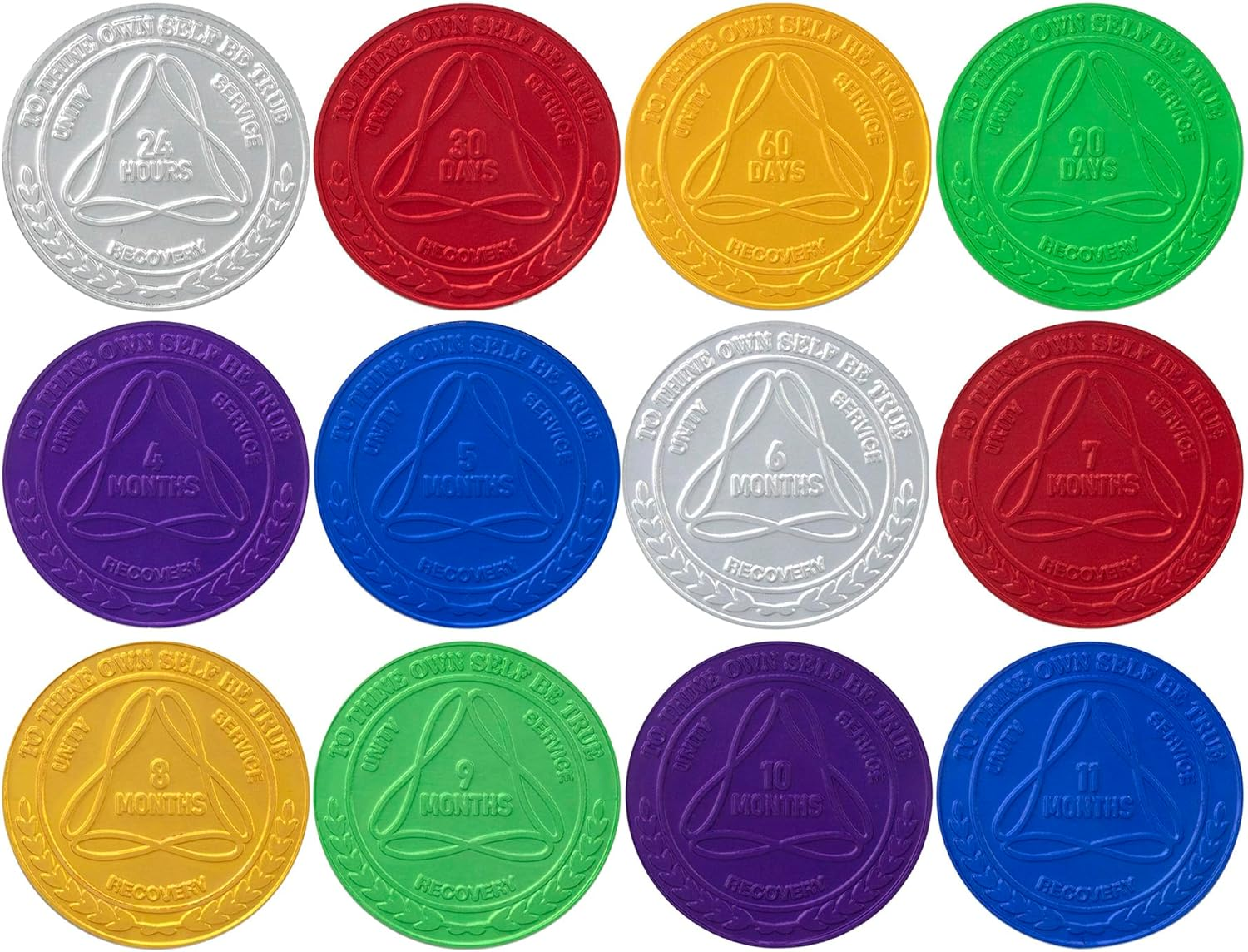 Infinity Aluminum AA Meeting Newcomer Sobriety Chips/Coins/Tokens - Complete Set of 12 Medallions - Includes: 24 Hours, 30/60/90 Days, 4/5/6/7/8/9/10/11 Months