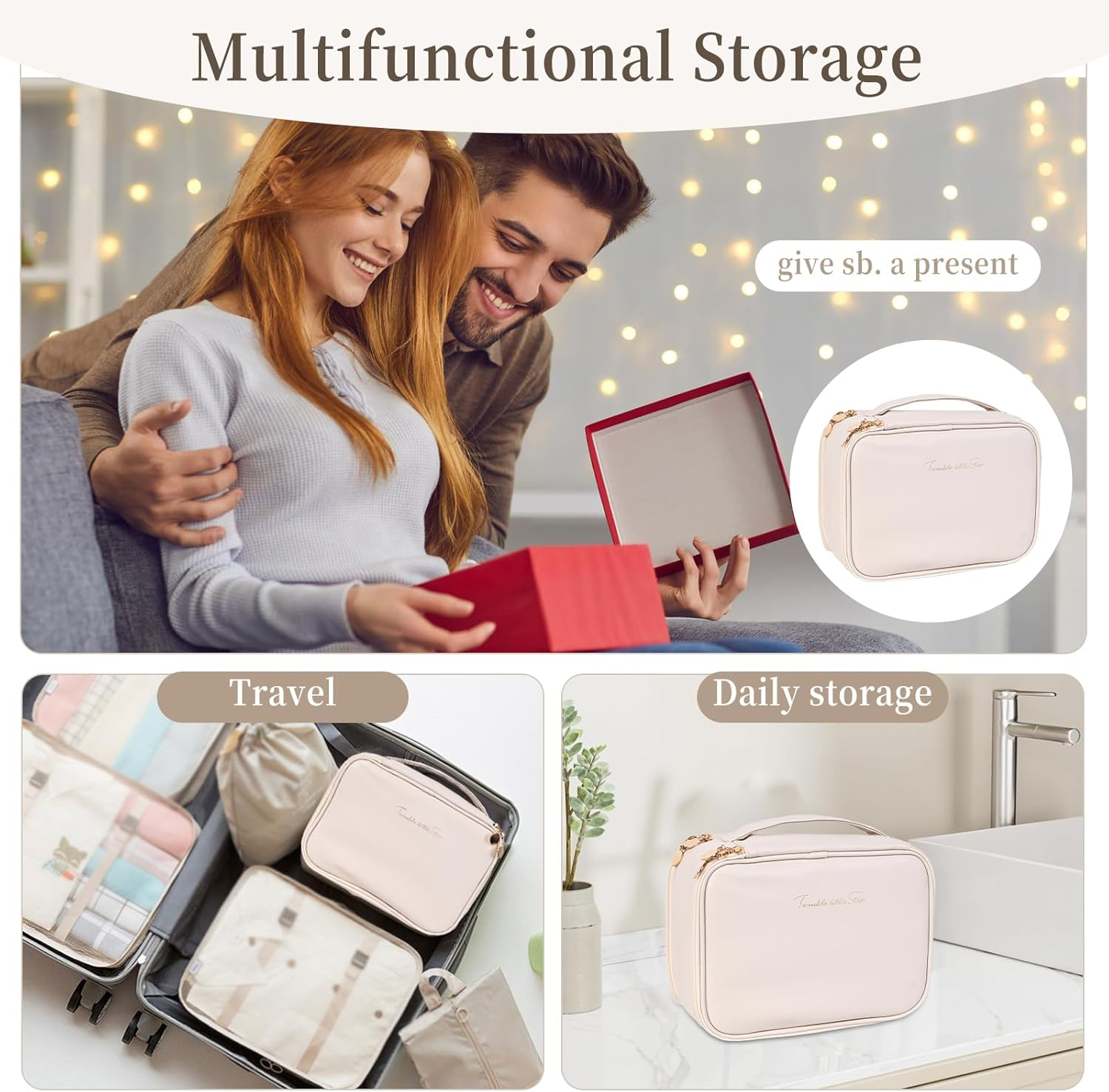 Travel Makeup and Jewelry Organizer Bag Large Capacity Portable PU Leather Cosmetic Bag with Removable Dividers image number 5