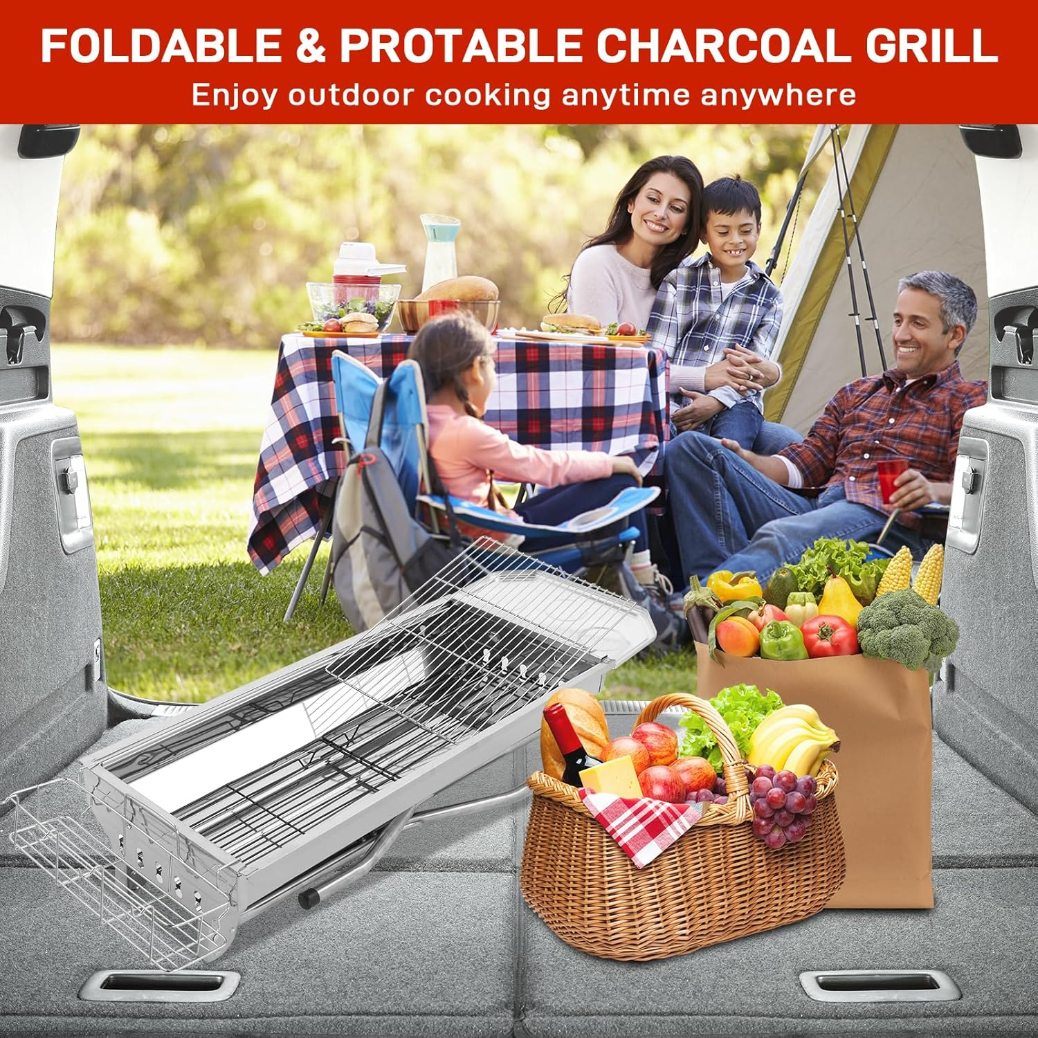 Large Stainless Steel BBQ Charcoal Grill, 39 X 12X 28" Portable & Foldable Barbecue Grill, Outdoor Patio Garden Heating Smoker for Cooking Camping Hiking Picnic Garden Beach Party