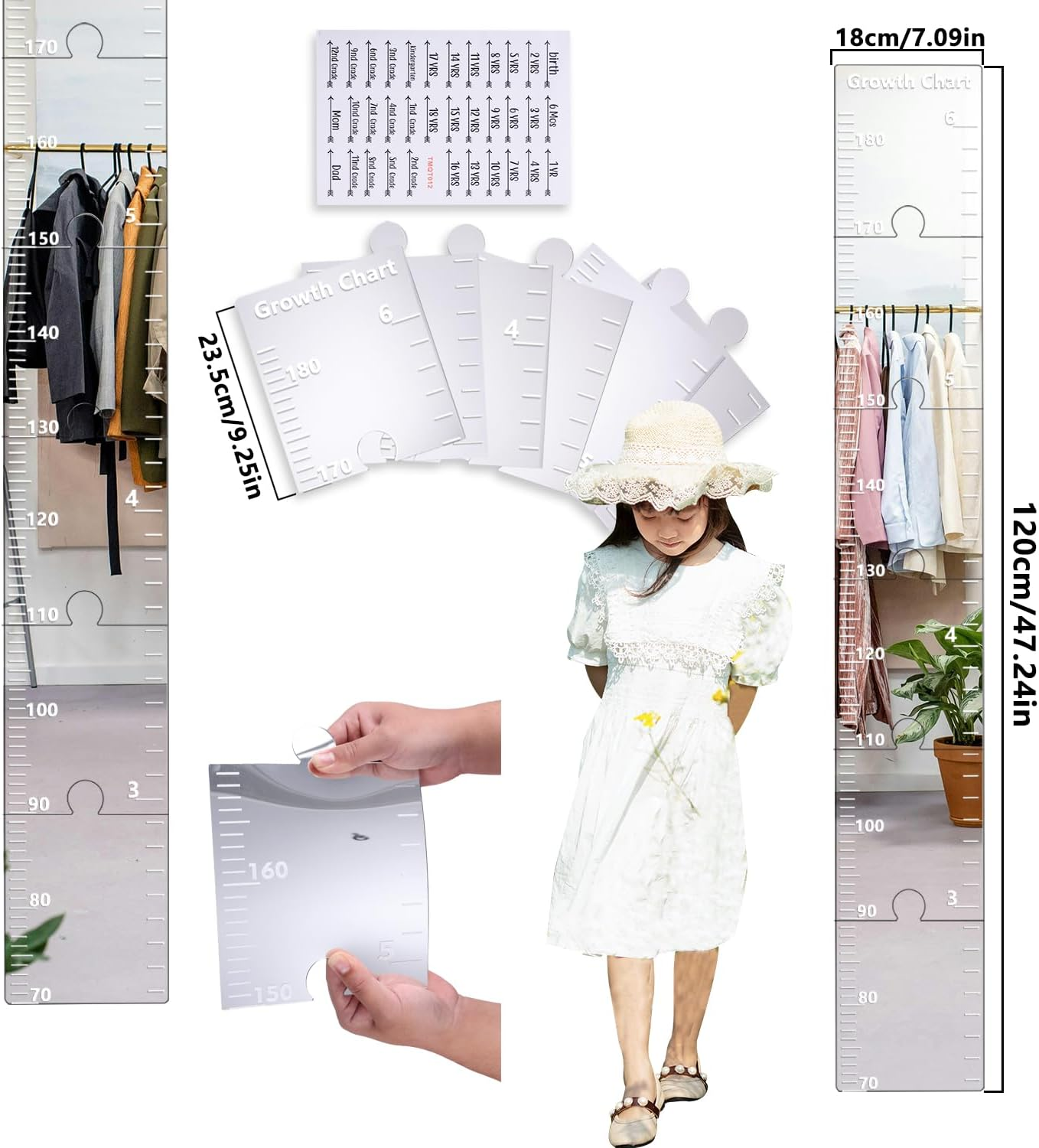 Puzzle Mirror Growth Chart, 47.24X7.09In Acrylic Growth Chart Mirror for Wall Height Measuring Mirror Kids Height Wall Chart Mirror for Nursery Wall Decor