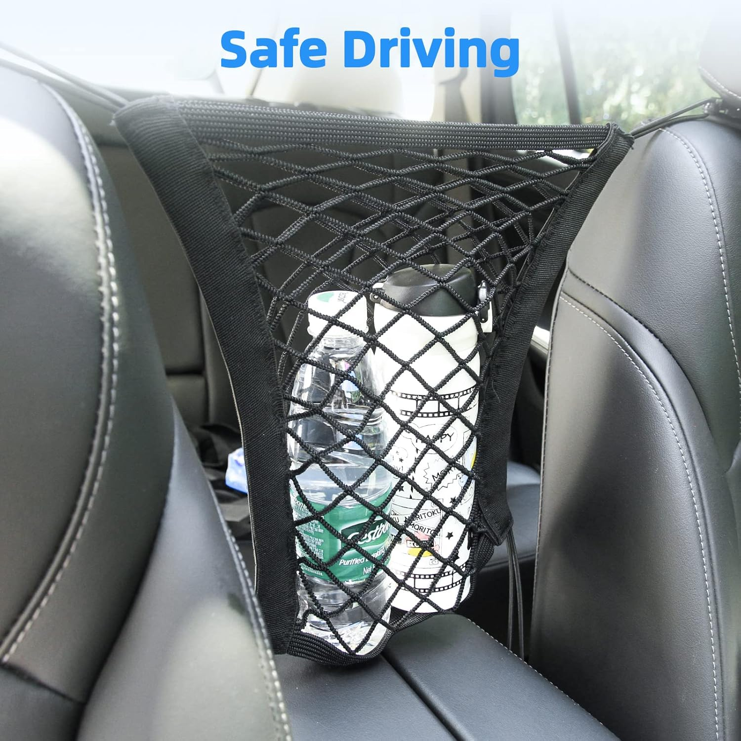 HOMEE Cargo Net Set, 2 Packs Adjustable Mesh Cars Trunk Net and Elastic Trunk Net Bag between Seats Universal Car Cargo Storage Organizers with Hooks for Pick-Up/Jeep/Suv, Full Black image number 6