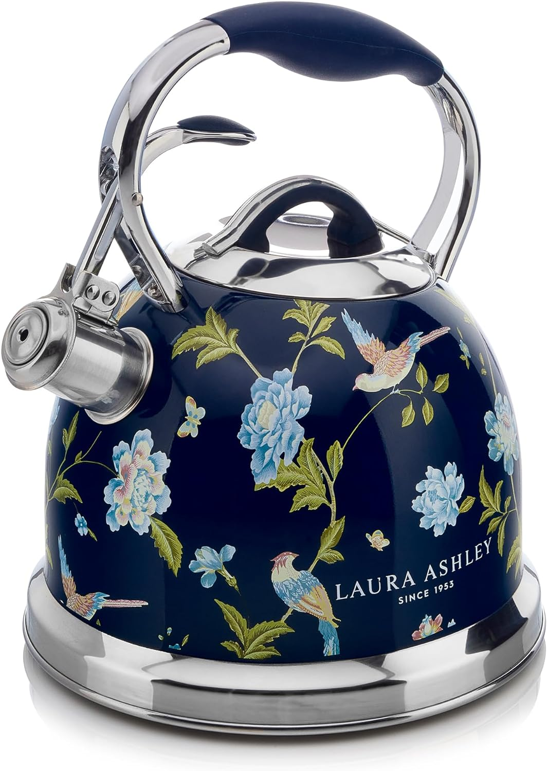 VQ Laura Ashley Elveden Navy 2.5L Stovetop Kettle. Stainless Steel Whistling Stove Top Kettle. Tea Kettle for Gas, Induction Hob & Others. Silicon Coated Cool Handle, Push Button Mechanism Teapot
