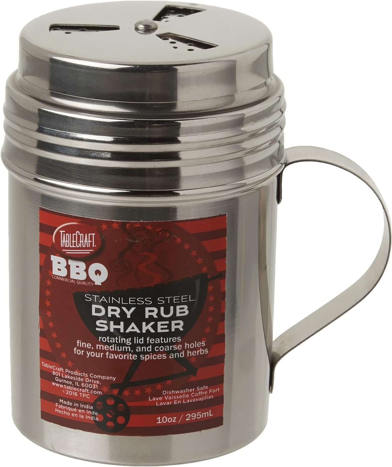 Tablecraft, 10 Oz, Silver Stainless Steel Dry Rub Shaker with Handle, 10-Ounce image number 2