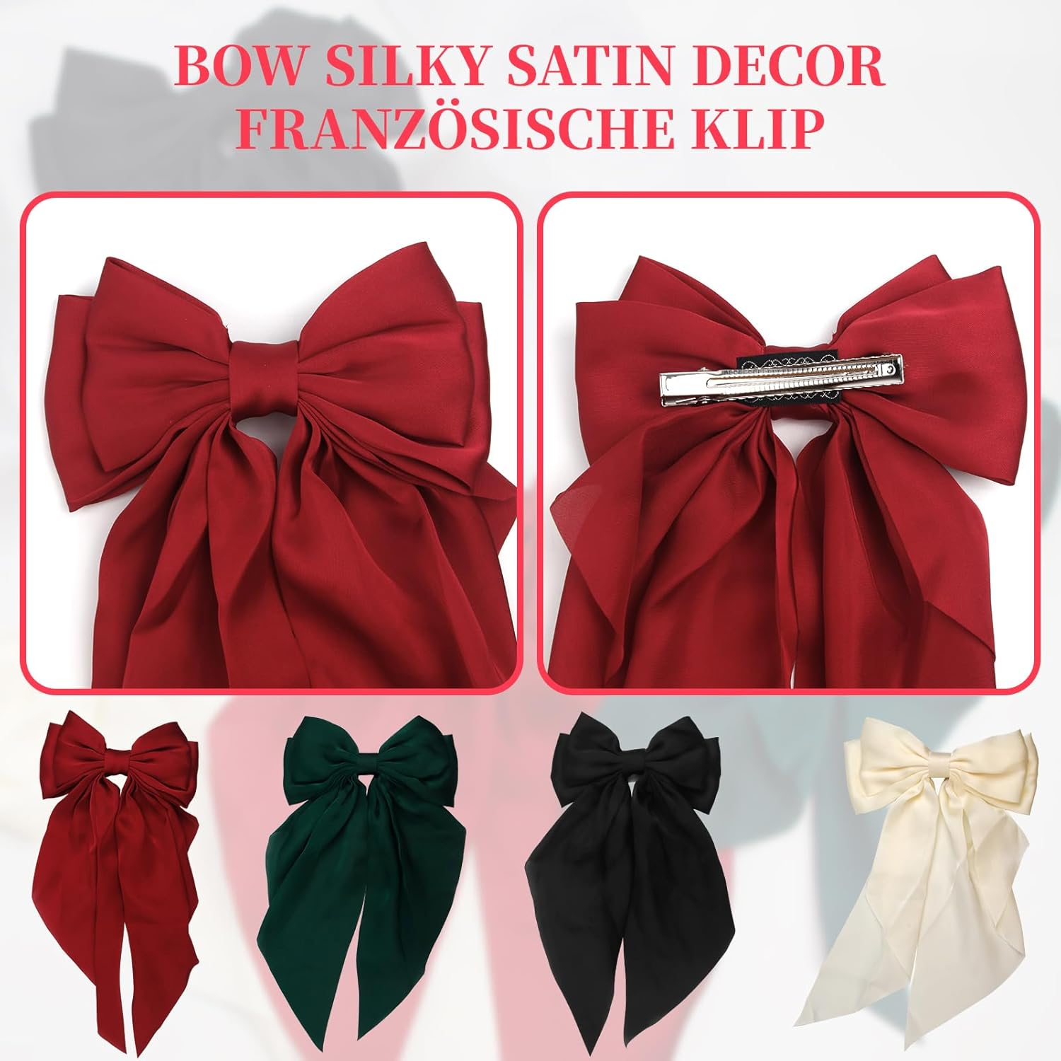 4PCS Big Hair Bows for Women, Large Ribbon Bow Hair Clips,Hair Bow Clips for Bride, Bridesmaid Bowknot Clips for Hair Barrettes Bow Clips (Black,Red,White,Green) image number 2