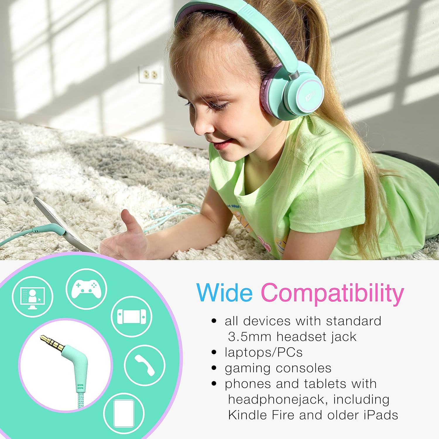 MEE Audio Kidjamz KJ45 Children&rsquo;S Safe Listening Headphones with Volume Limiter & Microphone, Adjustable On-Ear Kids Headset Wired W/3.5Mm Jack for Online Learning/School/Travel/Tablet (Mint/Lavender) image number 4