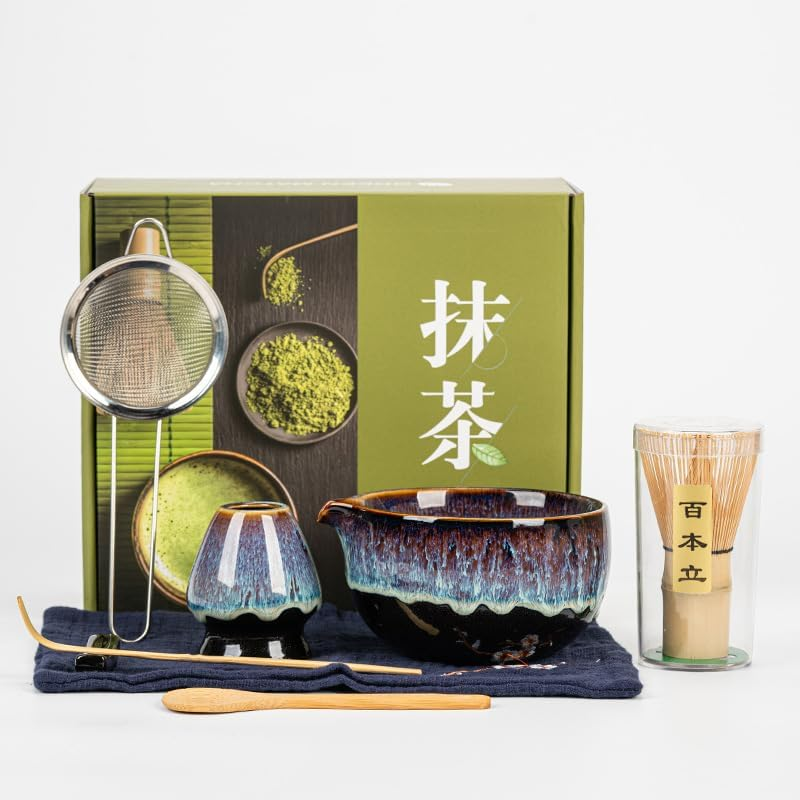 Myrthra Matcha Whisk Set - 8PCS Japanese Matcha Tea Kit for Traditional Tea Ceremony, Japanese Tea Making Tools with Whisk, Ceramic Bowl, Scoop,Tea Mat, Blue&Purple image number 4