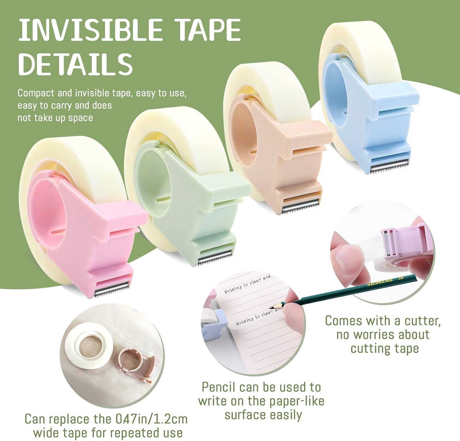 4 Pack Invisible Tape with Mini Dispenser Set 1/2 Inch Magic Tape Writable Transparent Tape Portable Repairing for Office School Home (4 PCS) image number 5