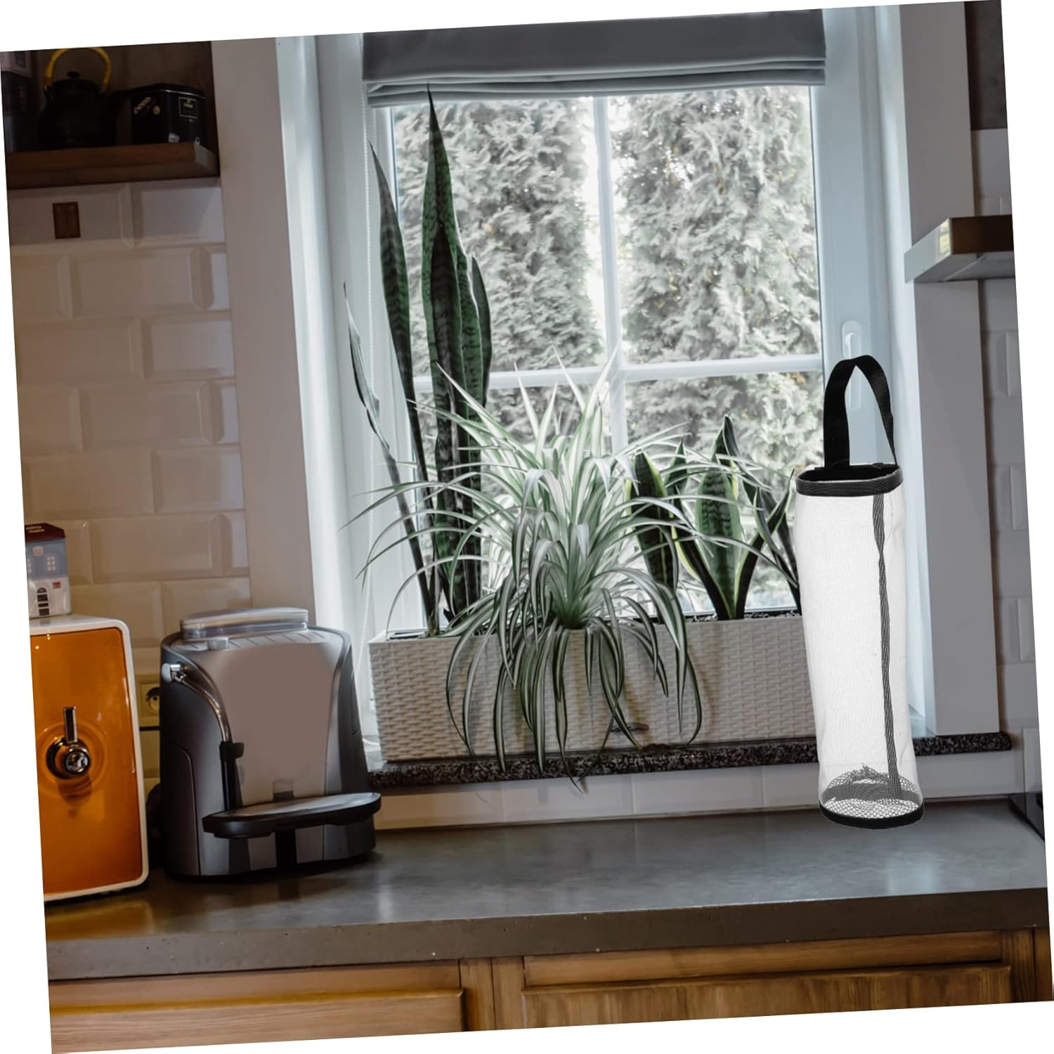 Ciieeo Hanging Kitchen Grocery Bag Holder Nylon Mesh Storage Organizer Multi-Function Trash Bag Dispenser 4Pcs Gray for Home and Kitchen Use image number 5