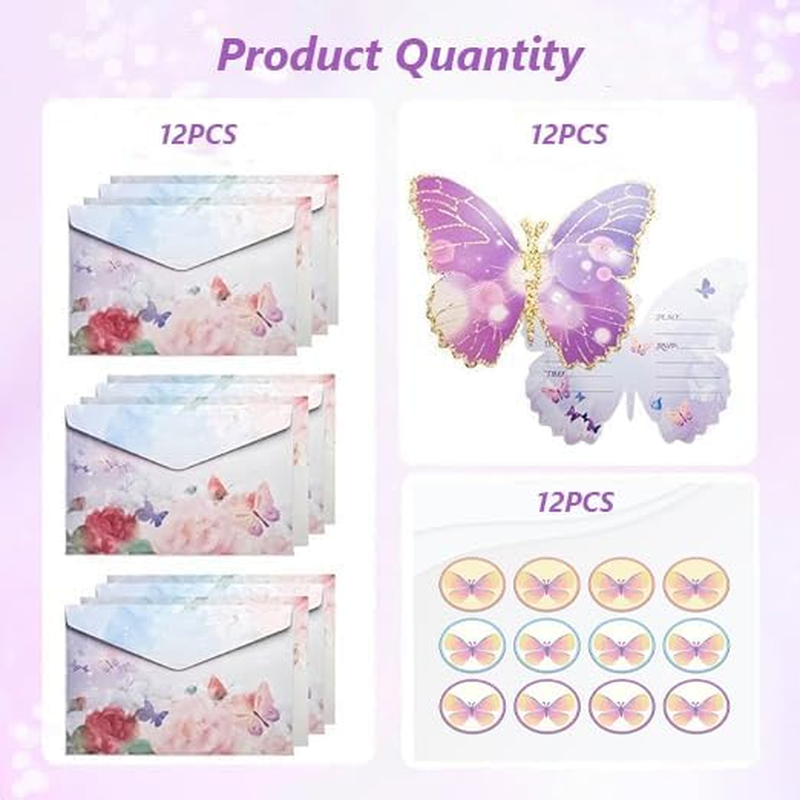 German Birthday Invitations, 12PCS Butterfly Party Cards with Fancy Envelopes and Seal Stickers, Kids Party Invitations with Stickers image number 2
