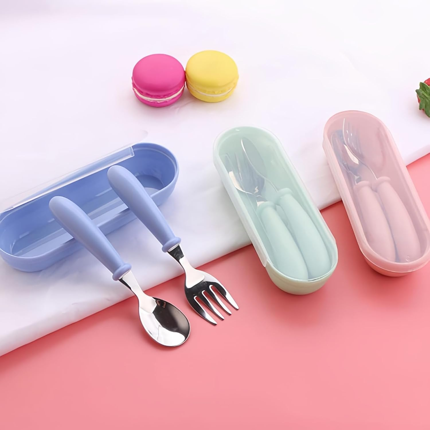 Taoluwin 1Sets Toddler Cutlery, Kids Cutlery Set, on the Go Fork and Spoon Set, Toddler Silicone Stainless Steel Utensils Spoon Fork, for Baby Toddler BPA Free with Silicone Holding image number 5