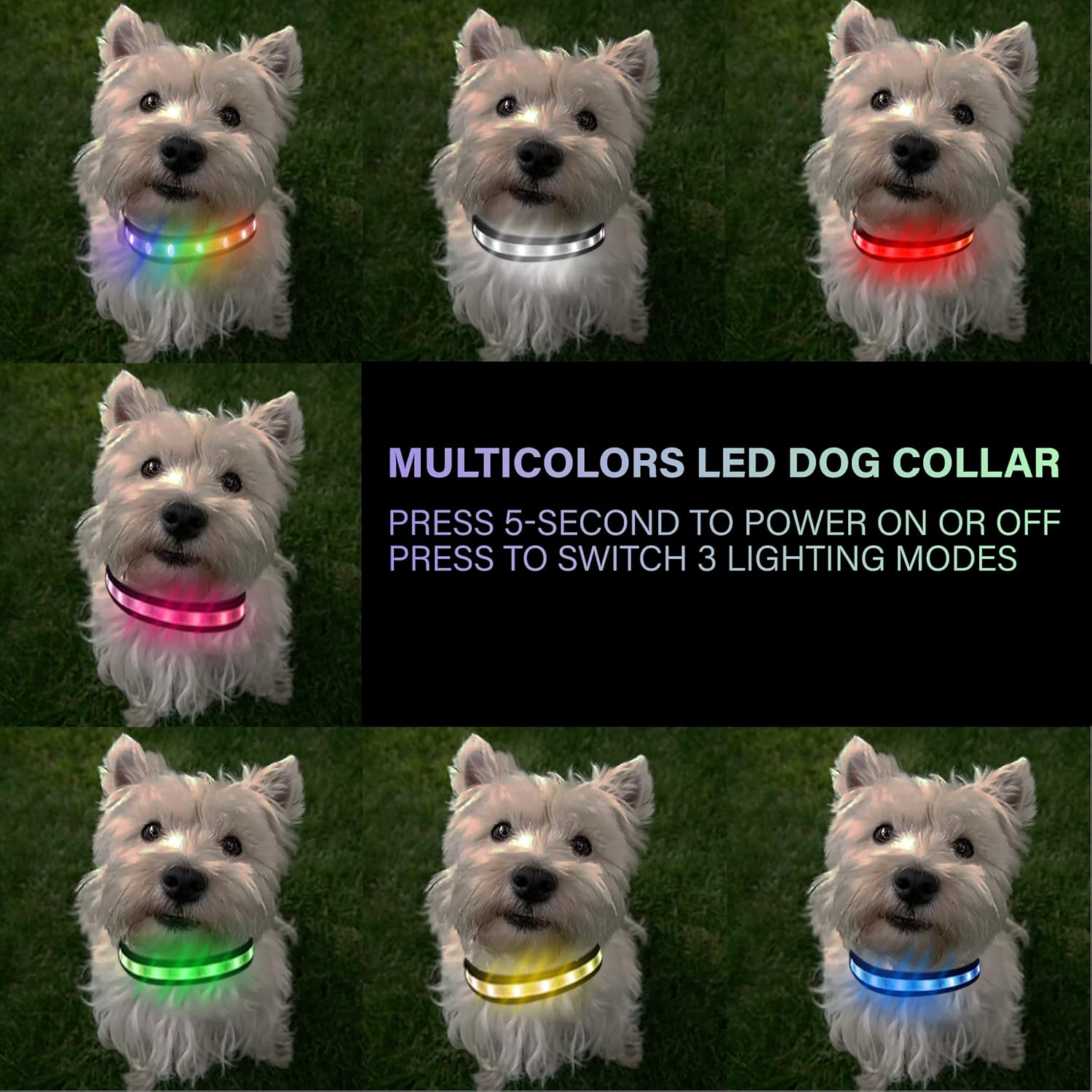 TRIPOLACO Light up Dog Collars, Waterproof Rechargeable Led Dog Collar, Glow in the Dark Dog Collars for Night Walking, Multicolor Lighted Dog Collars for Small Medium Large Dogs - Black, L image number 5