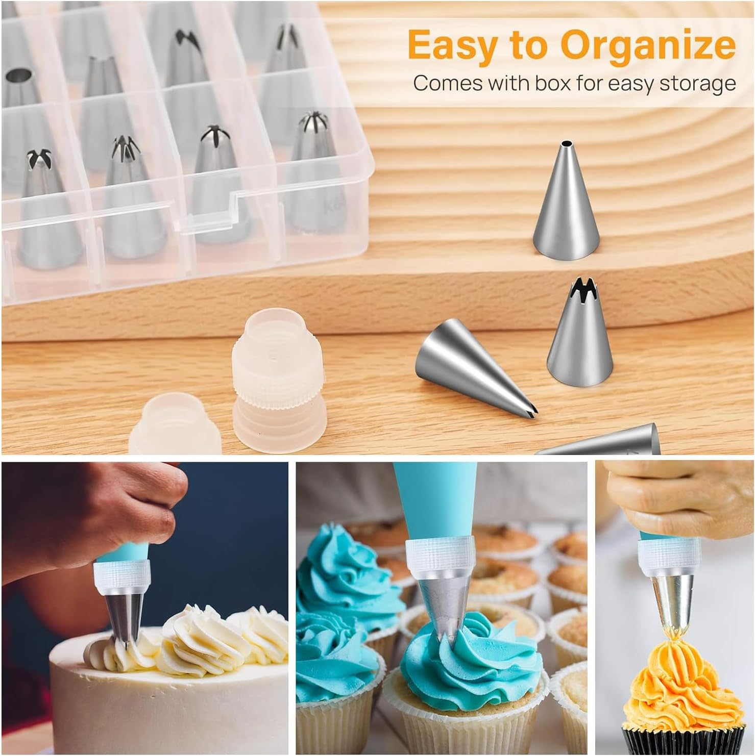 GZMAISULEE 40PCS Piping Bags and Nozzles Set, 12 Inch Pastry Bags, Cakes Decorating Kit, Silver, Stainless Steel, Silicone, Plastic, Petal, Star, Leaf, Round, Flower, Basketweave, Cake Decorating Kit image number 4