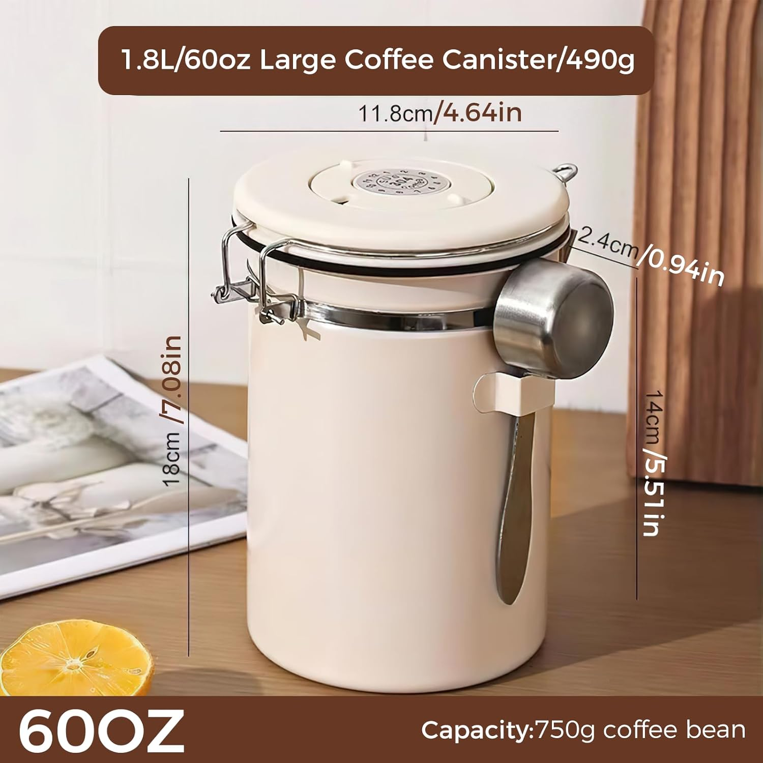 1.8L/60Oz Large Stainless Steel Coffee Canister，With Airtight Seal BPA Free Silicone Lid for Fresh Coffee Bean Storage Coffee Container Includes Coffee Spoon Ideal for Tea Sugar and Grains image number 5