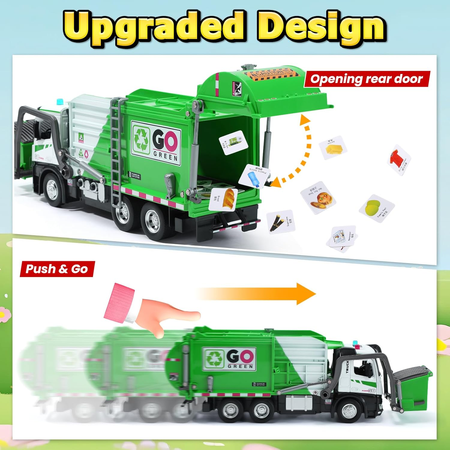 HOLYFUN 12'' Electric Garbage Truck Set with Lights & Sounds, Front Loader, Metal Cab, Friction-Powered Vehicle Cars with Dumpster, 4 Trash Bins & Sorting Cards, Play Truck Toy Kids Toddlers image number 4