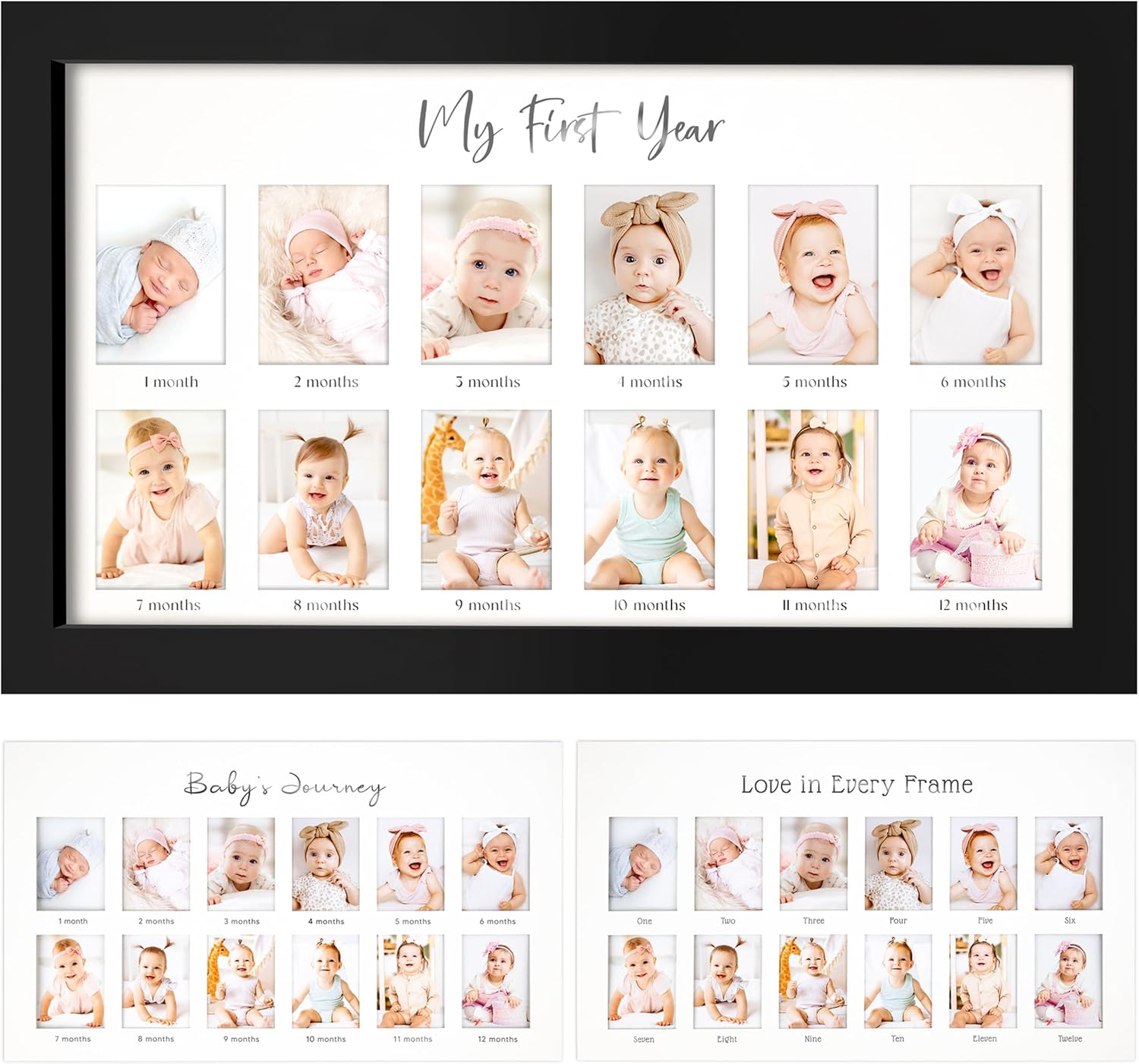 My First Year Photo Frame, 12 Months Baby Photo Frame for Newborn Girl, Boy, Baby Shower Gifts Keepsakes, Gender-Neutral Baby Milestone, 1St Nursery Decor Photo Collage Display Board (Alpine White)