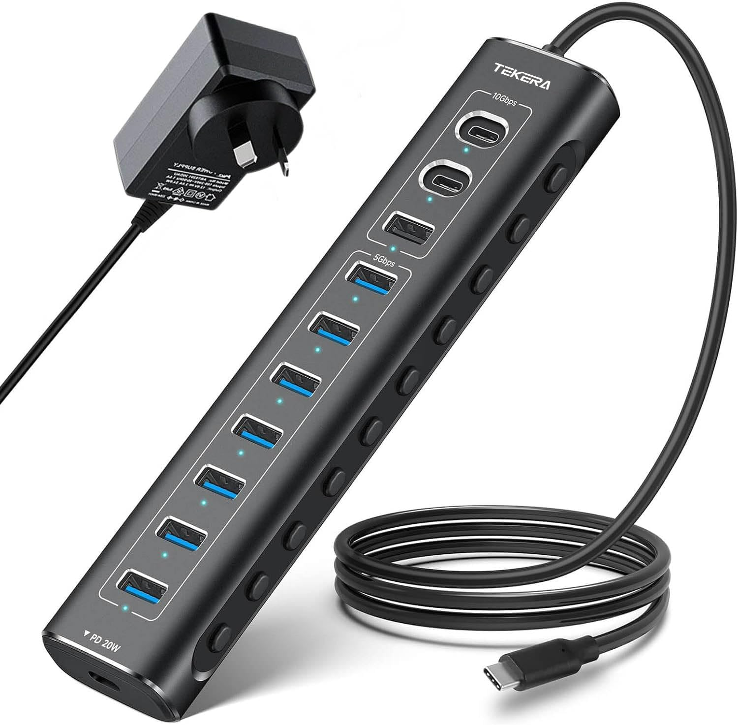 11 Port USB 3.2 Hub,Tekera USB C Hub 10Gbps Splitter with USB-A 3.2, 2 USB-C 3.2, 7 USB a 3.0 Ports, PD USB-C Port and 3.3Ft Long Cable