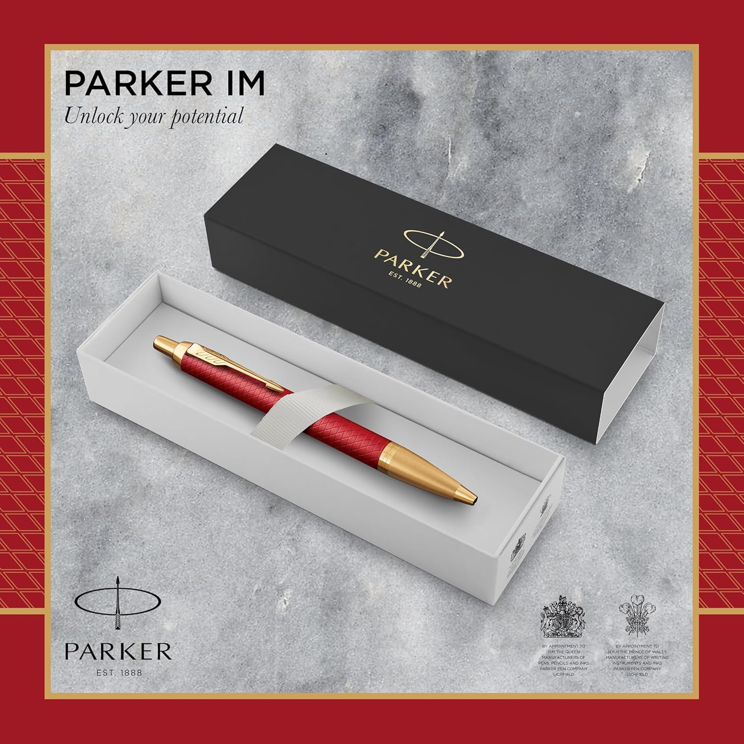 PARKER IM PREMIUM Ball Point Pen, Red with Gold Trim, Blue Ink, Gift Box Included