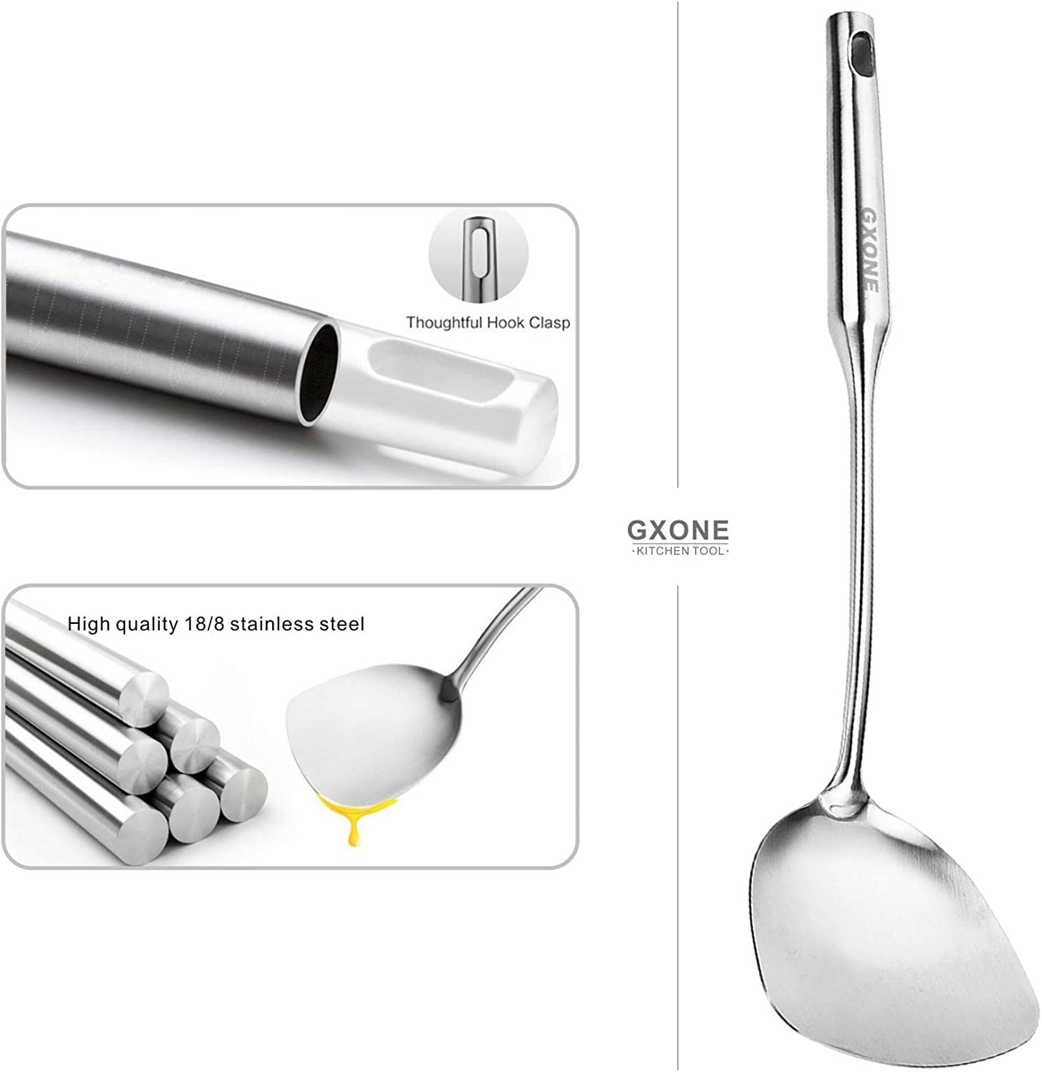 Wok Spatula Stainless Steel, Wide Spatula Turner with Hollow Long Heat Resistant Handle Wok Utensils,Silver/14.7Inch