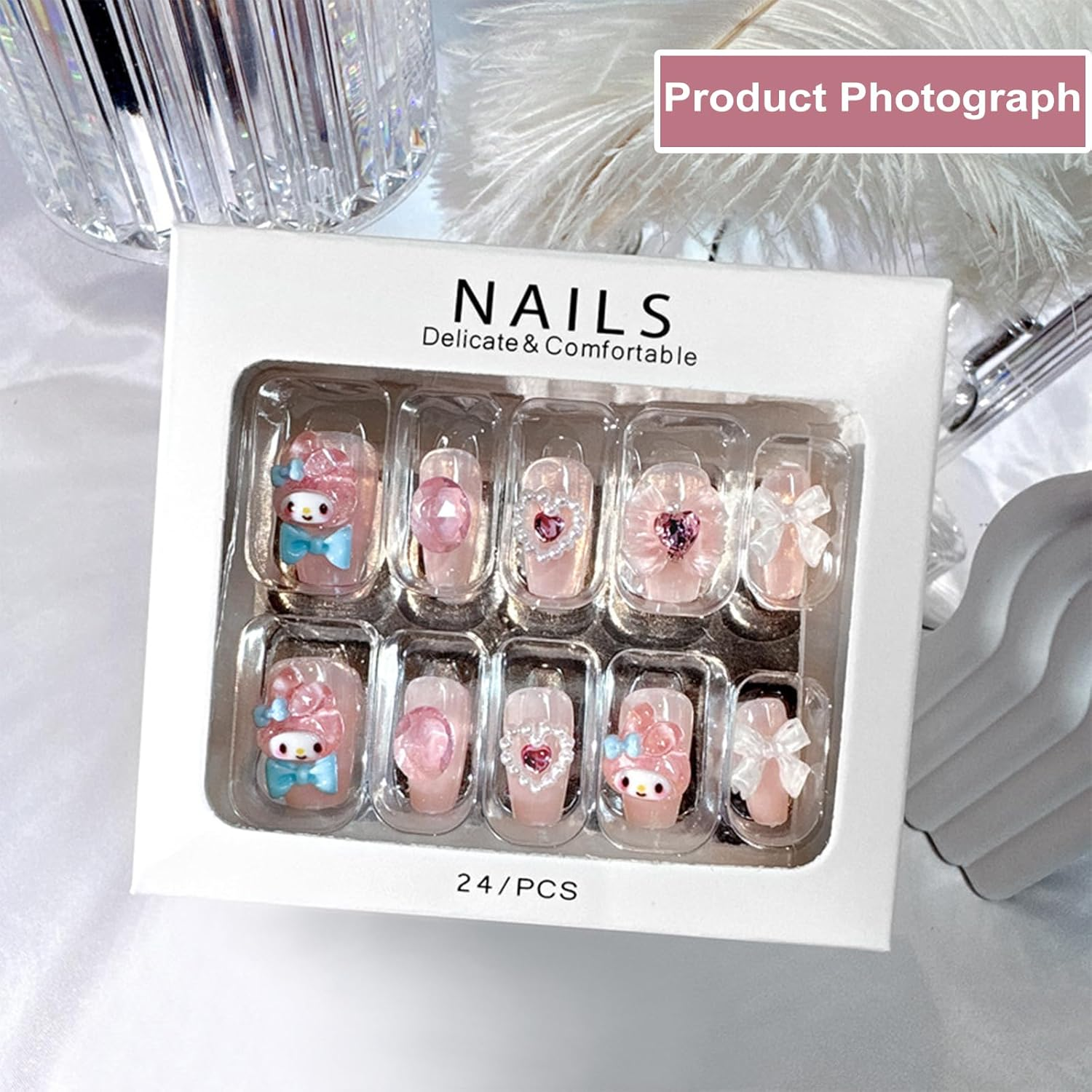 24PCS Cute Kawaii 3D Cartoon False Nails,Medium Pretty Press on Nails,Nude Pink Coffin Fake Nails with 3D Bow Design,Glossy and Full Cover Acrylic Nails for Women or Girls image number 2