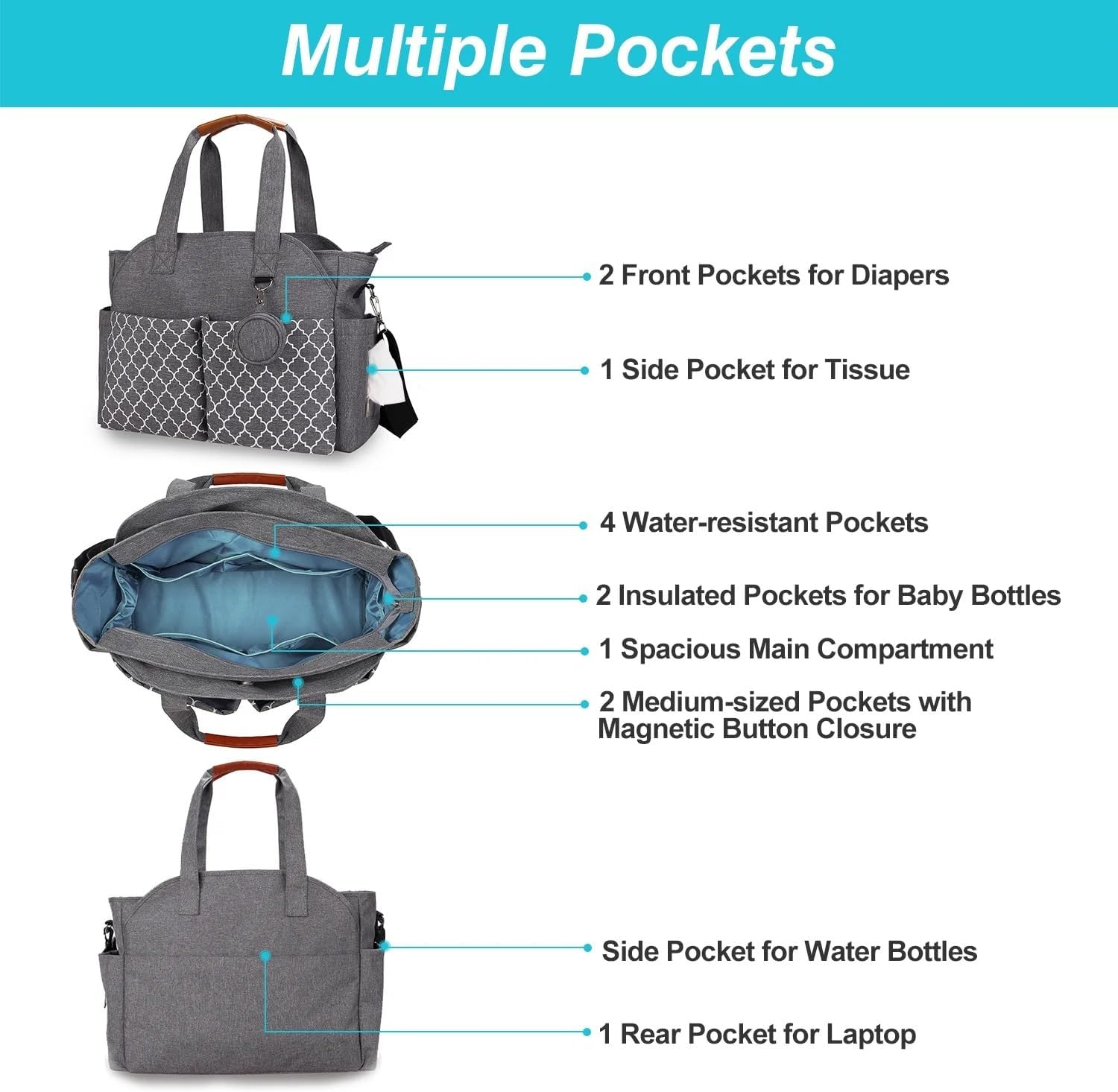 Diaper Bag Tote, Large Baby Changing Bag for Mom, Shoulder Mommy Bag with Pacifier Holder Case and Changing Pad, Baby Multi-Functional Travel Tote Diaper Bag with Adjustable Shoulder Strap, Grey image number 5