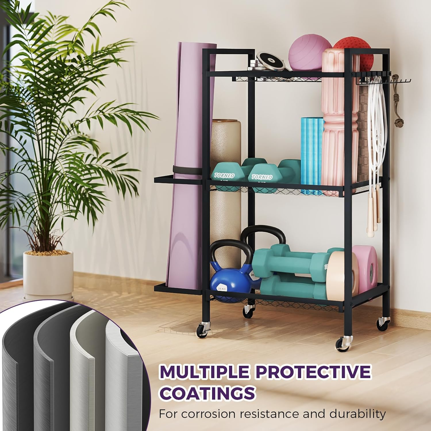 Yoga Mat Storage Sports Mat Exercise Equipment Storage Basket Training Equipment Yoga Mat Fitness Dumbbell Organiser Shelf Storage Basket Storage Rack Trolley image number 2