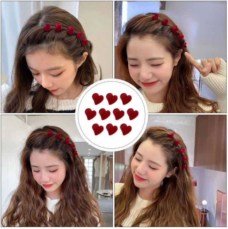 Beavorty Mini Red Heart Hair Clips 10 Pieces Small Flocking Hair Clips Hair Accessories for Women Ideal for Short Hair, Thick and Thin 2.0 X 1.5 X 1.5 Cm image number 3