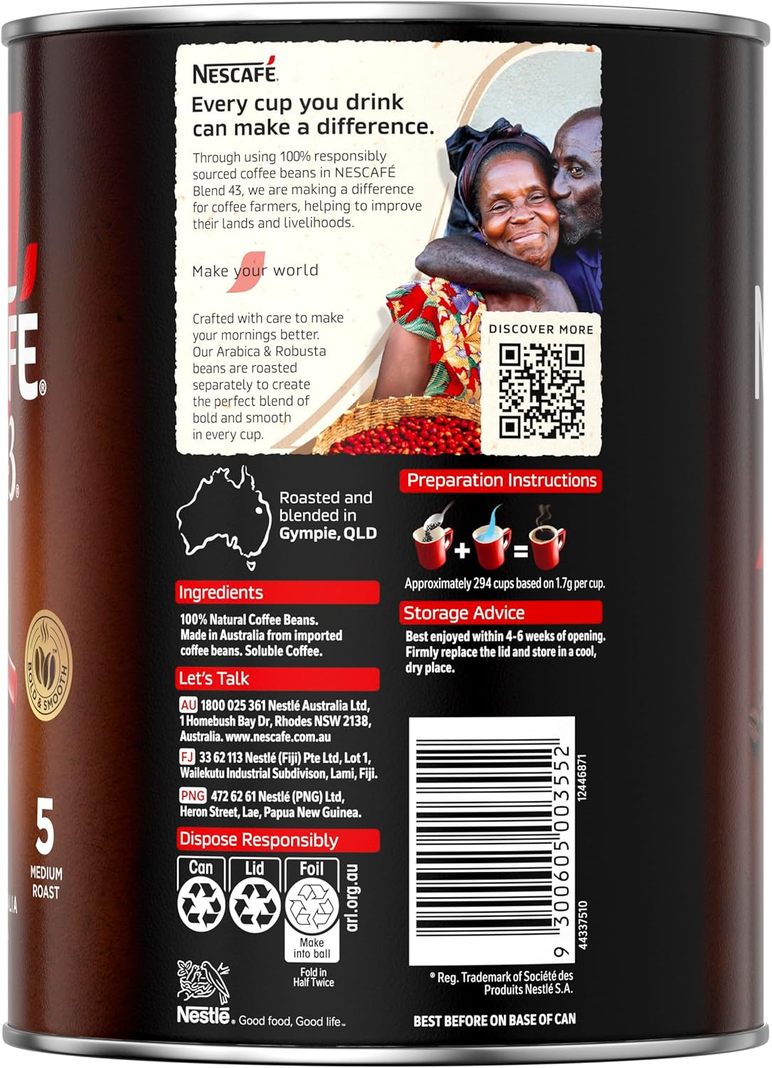 NESCAF&Eacute; Blend 43 Original Instant Coffee 500G Tin image number 1