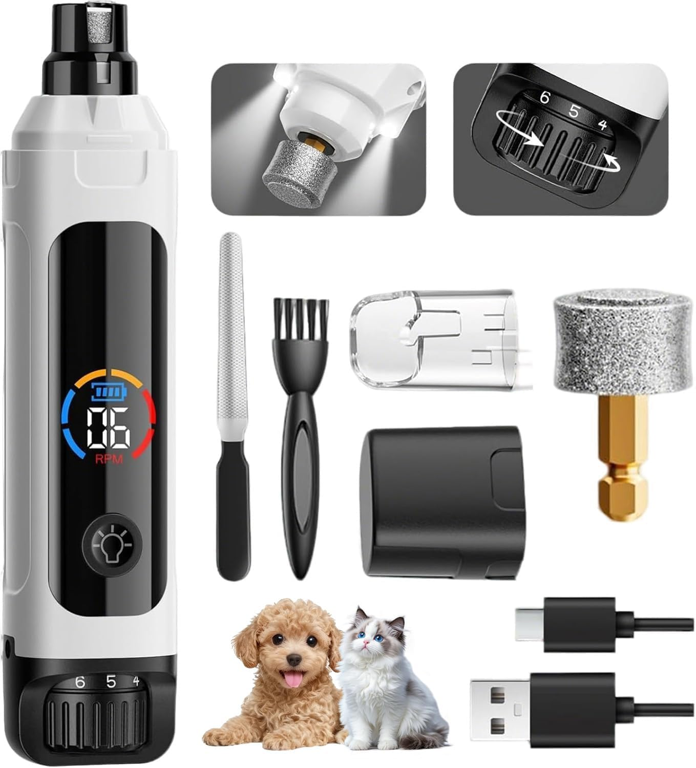 Dog Nail Grinder Rechargeable, 6-Speed Quiet Pet Nail Grinder with 2 LED Lights for Large Medium Small Dogs/Cats, Professional 12000RPM 3 Grinding Ports Paw Grooming Supplies Kit, 2 Grinding Wheels image number 1