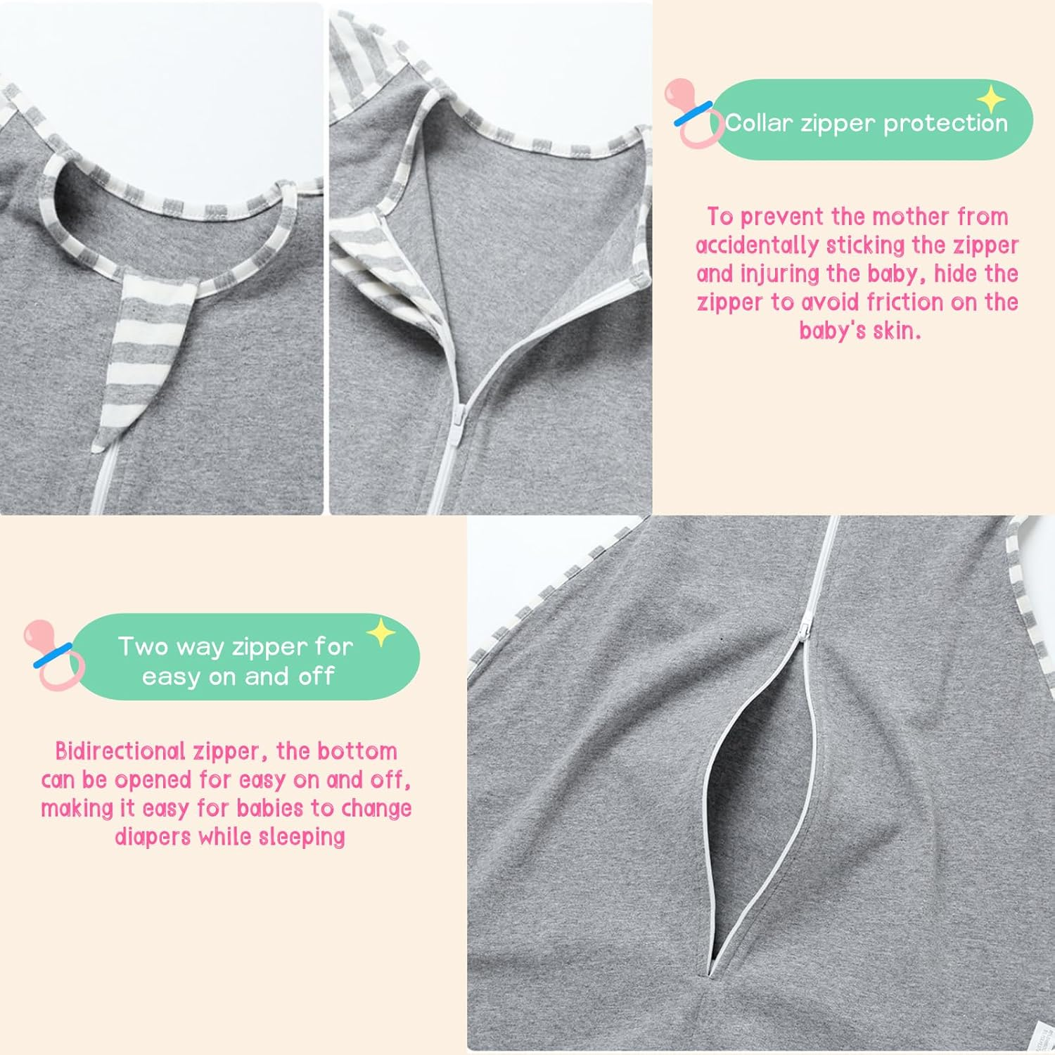 2 Pack Baby Swaddle,Nursery Swaddles,Baby Sleep Sack,Organic Cotton Sleeping Bag for Baby,Soft Nueborn Swaddle, Newborn Sleep Sack,Anti-Startle Swaddling,2 Way Zip (Gray, Small（3.5~6Kg）) image number 2