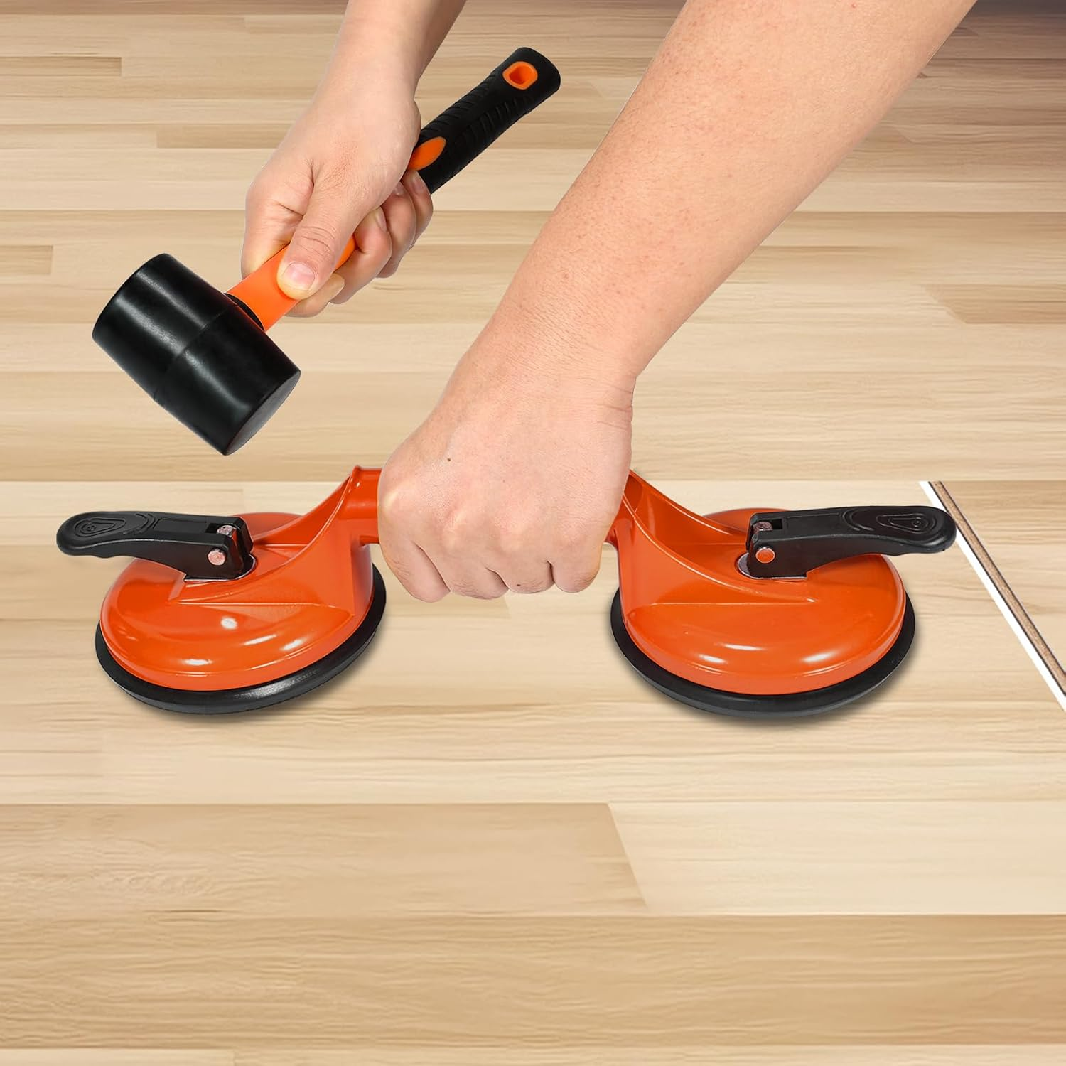 Floor Gap Fixer Tool for Laminate Floor Gap Repair Plank Grabber Includes Heavy Duty Aluminum Suction Cup and Fiberglass Handle Rubber Mallet (Can'T Use on Scraped Surface Floor) image number 3