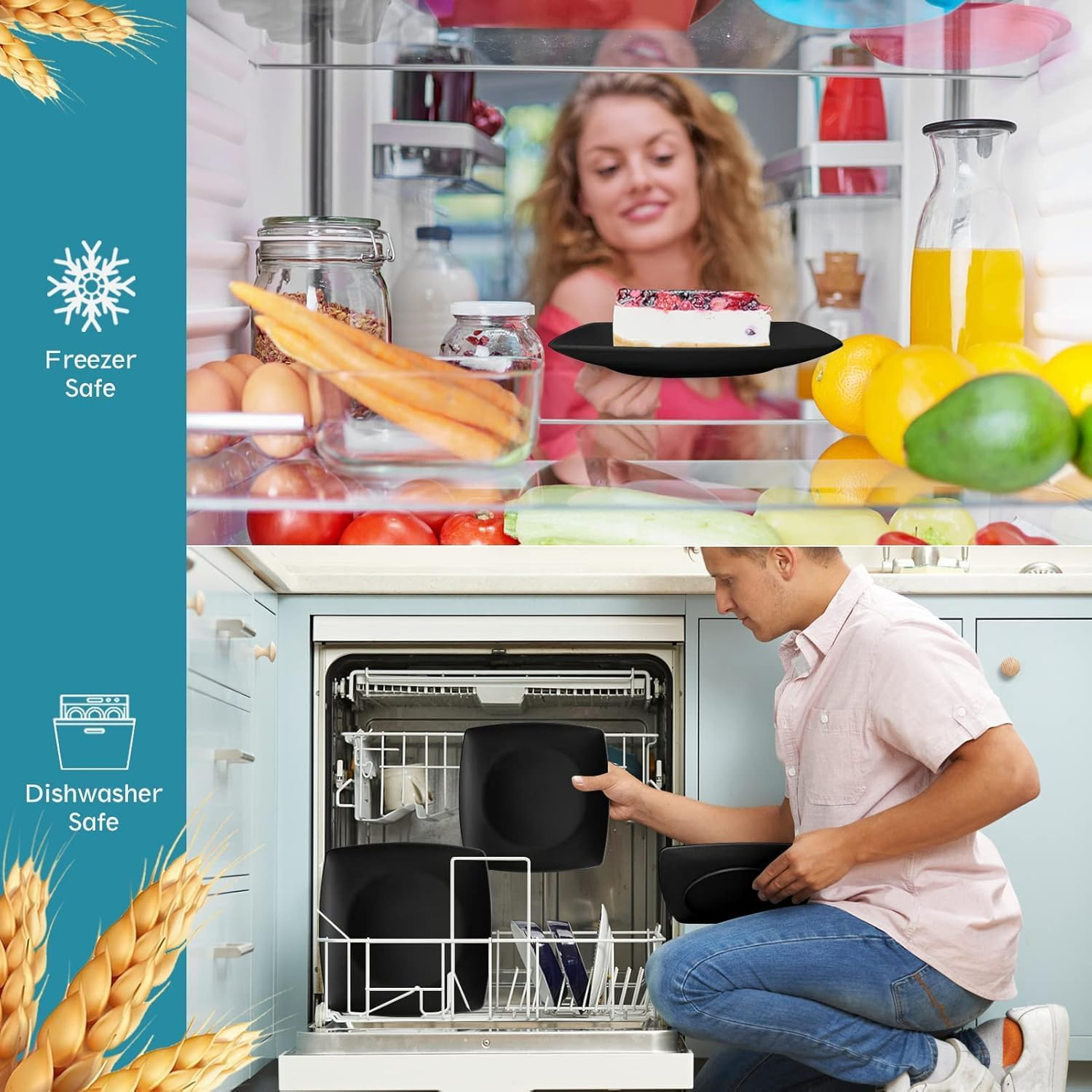 HOMIEST 32-Piece Plastic Wheat Straw Square Dinnerware Set for 8, Unbreakable Dinner Plates, Salad Plates, Snack Bowls, Tumblers 20 Oz, Dishwasher Safe, Black Matte image number 6