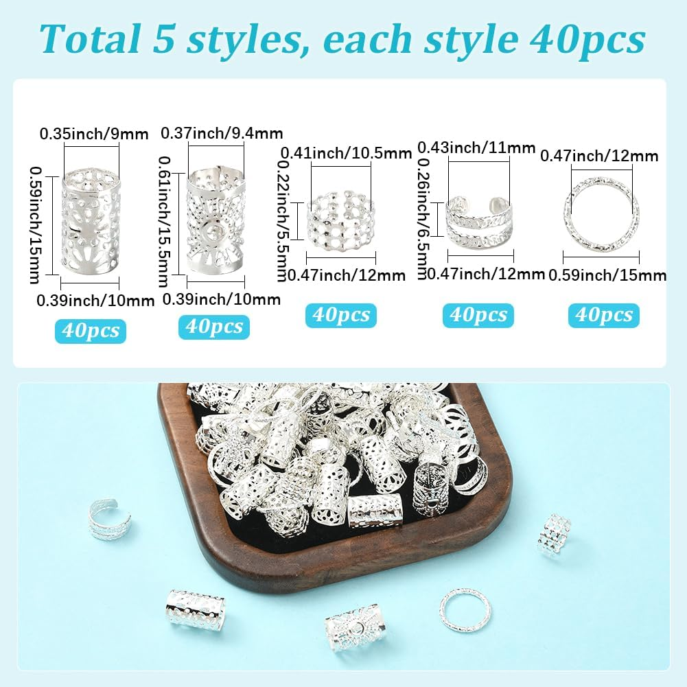 SUNNYCLUE Pack of 200 5 Styles Dreadlocks Beads Metal Cuffs Hair Braid Beads Silver Dreadlocks Braid Ring Coil Clips Adjustable Non-Penetrating Ear Cuffs round Tube Jewellery for Hair Braids Z image number 4