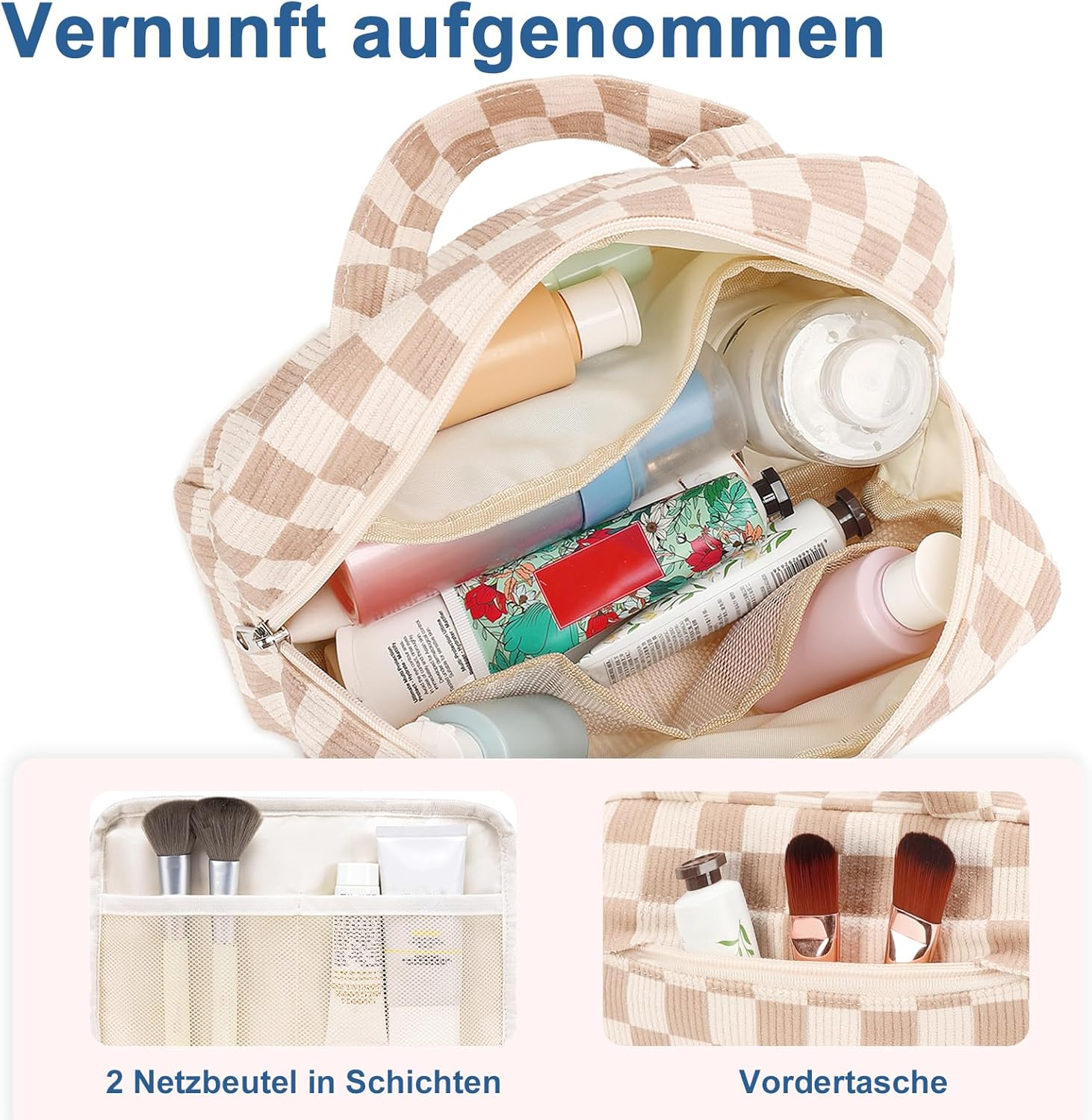 LEDAOU Cosmetic Bag with Inner Compartments, Carry Handle, Water-Repellent Makeup Bag, Corduroy Toiletry Bag, Unisex, Brown-White Grid, Modern image number 2