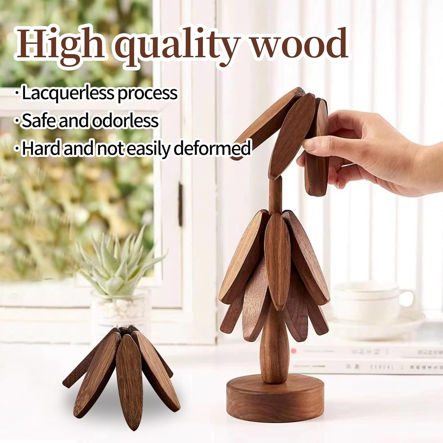 Incifuerza Beech Wood Trivets Set of 3 &ndash; Non-Slip Heat-Resistant Wooden Hot Pads with Stand for Pots and Pans (Walnut) image number 3