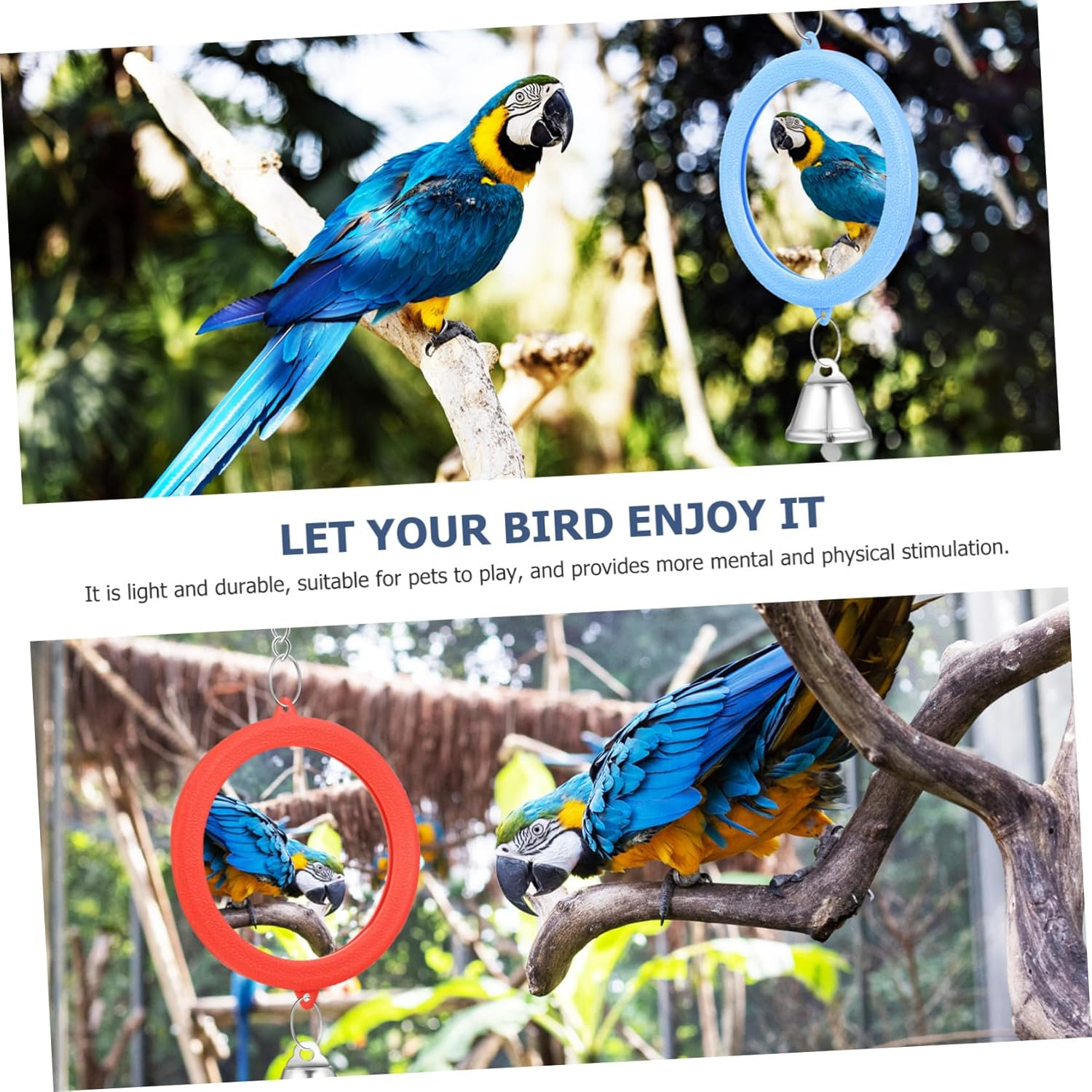 JOINPAYA 3 Pcs round Double-Side Bird Mirror Toys with Bells, Colorful Red Green Blue Pendants for Parrot, Cockatiel, Parakeet Cage Accessories image number 3